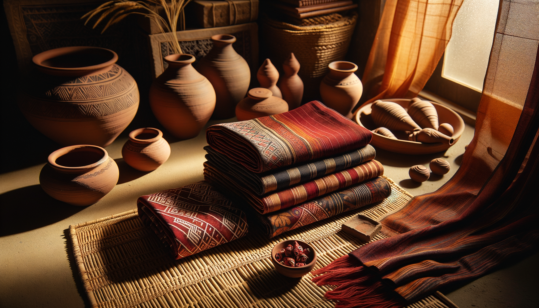 stacked sambalpuri sarees and terracotta pieces glowing in warm golden light