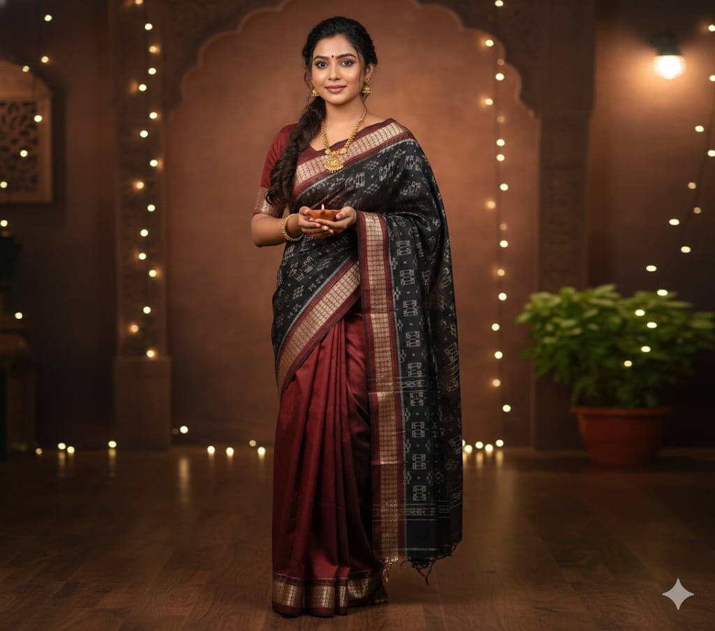 Festive Maroon & Black Sambalpuri Pata Saree
