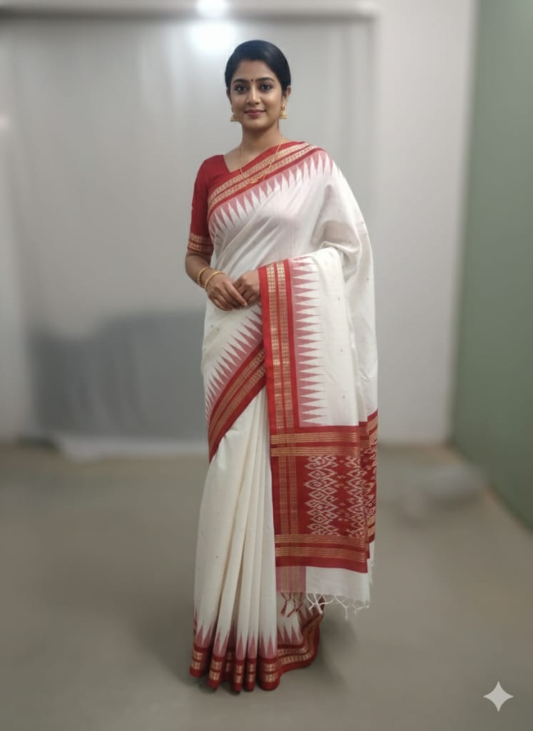 Crisp white body with bold red and gold accents