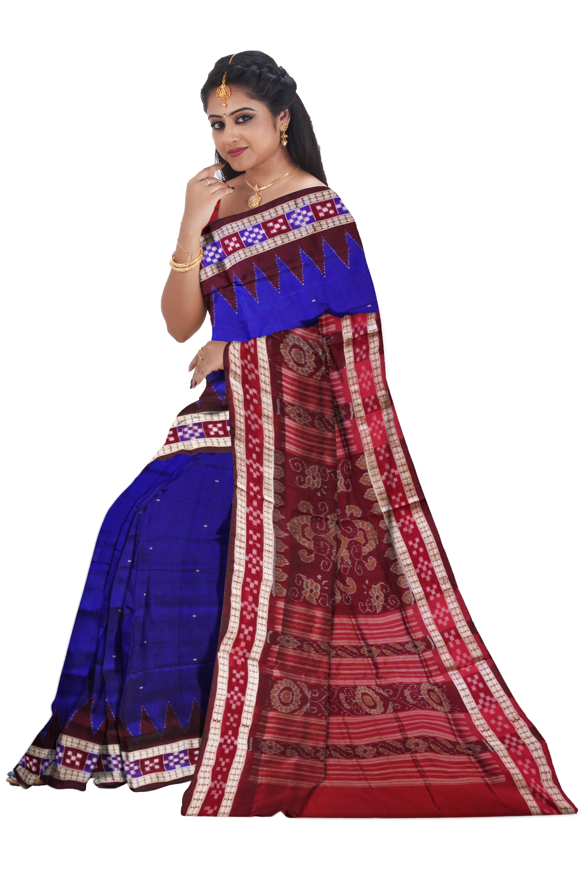 Blue and Maroon color Sambalpuri dhadi pasapali pata saree. - Koshali Arts & Crafts Enterprise