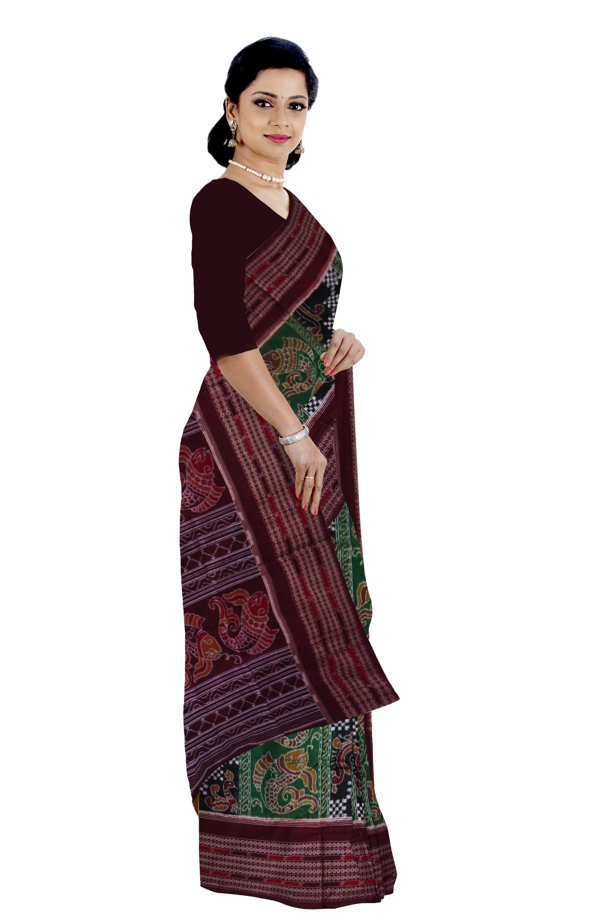 Traditional peacock and fish pattern in green,black and maroon colour sambalpuri cotton saree. - Koshali Arts & Crafts Enterprise