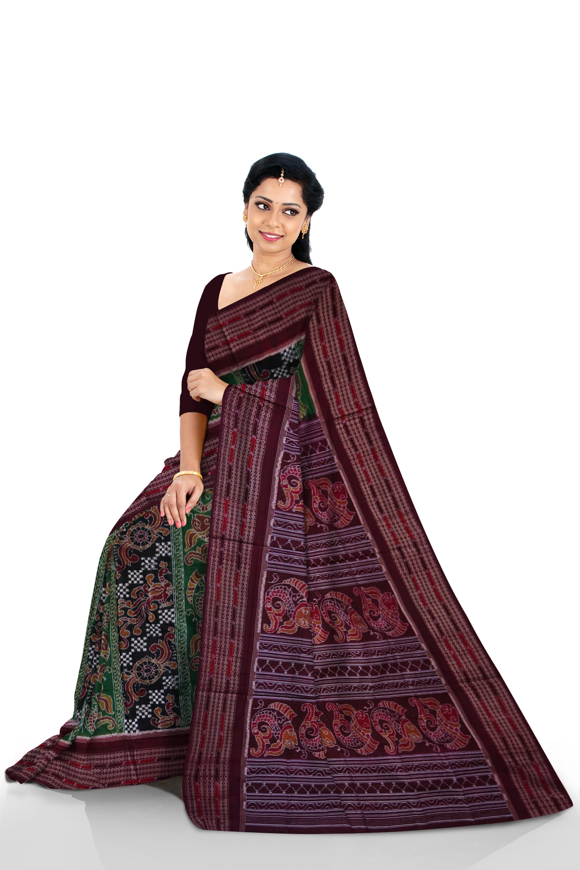 Traditional peacock and fish pattern in green,black and maroon colour sambalpuri cotton saree. - Koshali Arts & Crafts Enterprise