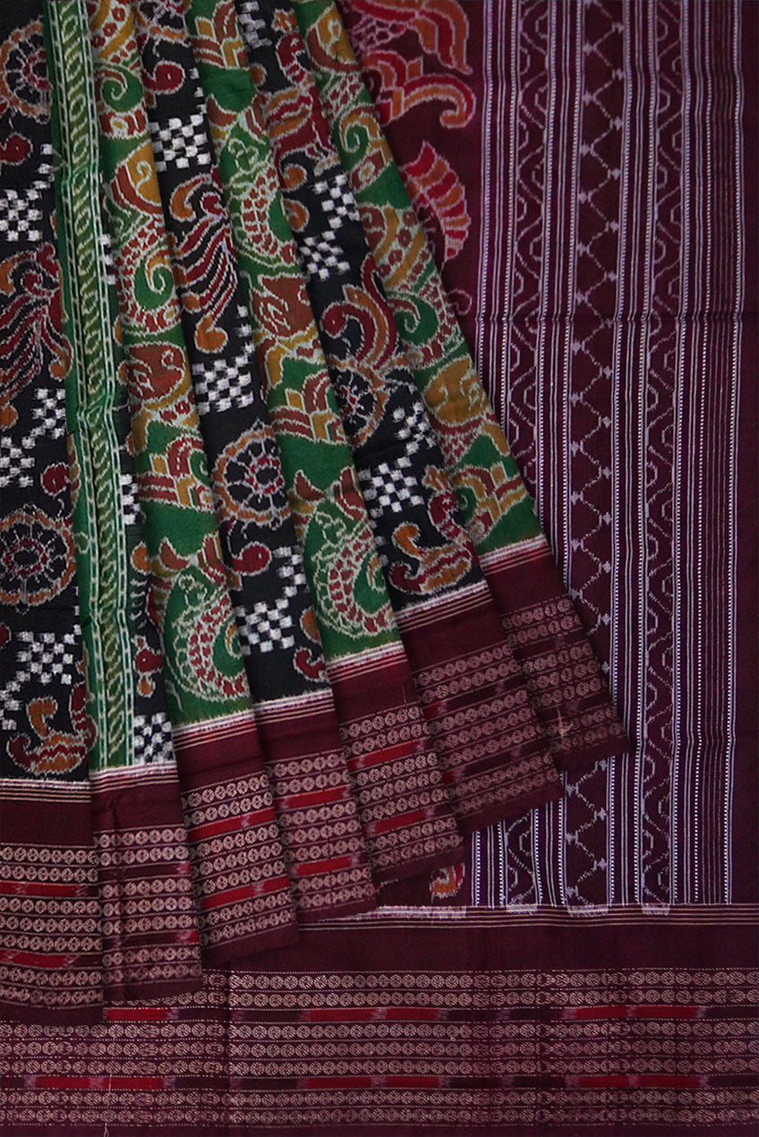 Traditional peacock and fish pattern in green,black and maroon colour sambalpuri cotton saree. - Koshali Arts & Crafts Enterprise