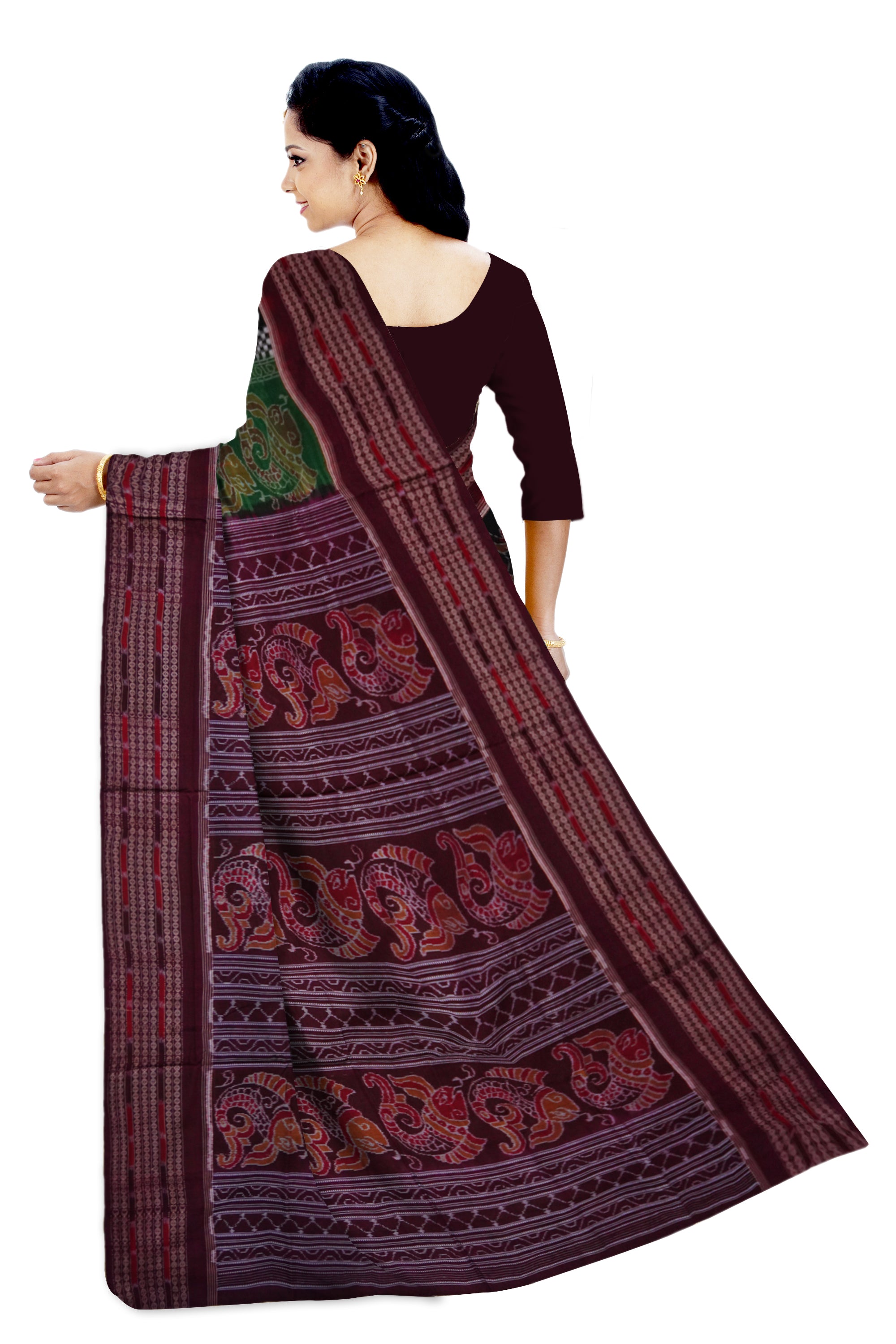 Traditional peacock and fish pattern in green,black and maroon colour sambalpuri cotton saree. - Koshali Arts & Crafts Enterprise