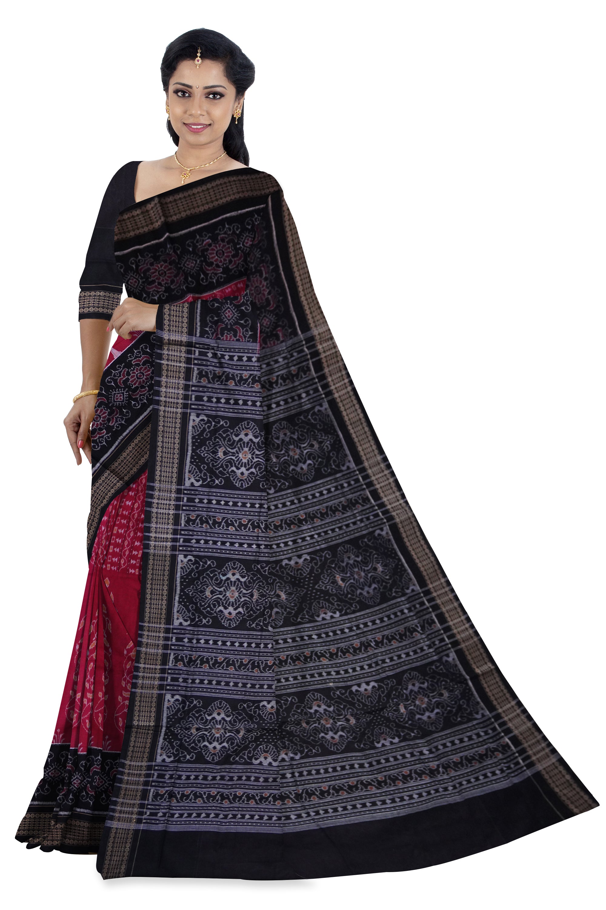 Deep pink and black colour traditional Vines design with big border flower design sambalpuri saree. - Koshali Arts & Crafts Enterprise