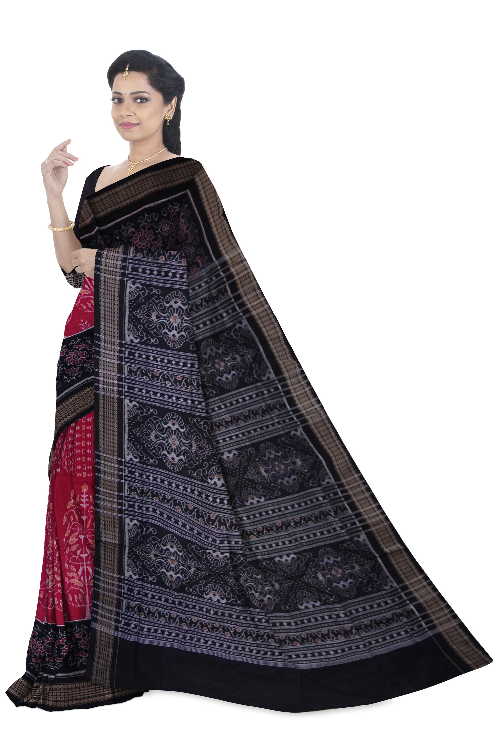 Deep pink and black colour traditional Vines design with big border flower design sambalpuri saree. - Koshali Arts & Crafts Enterprise