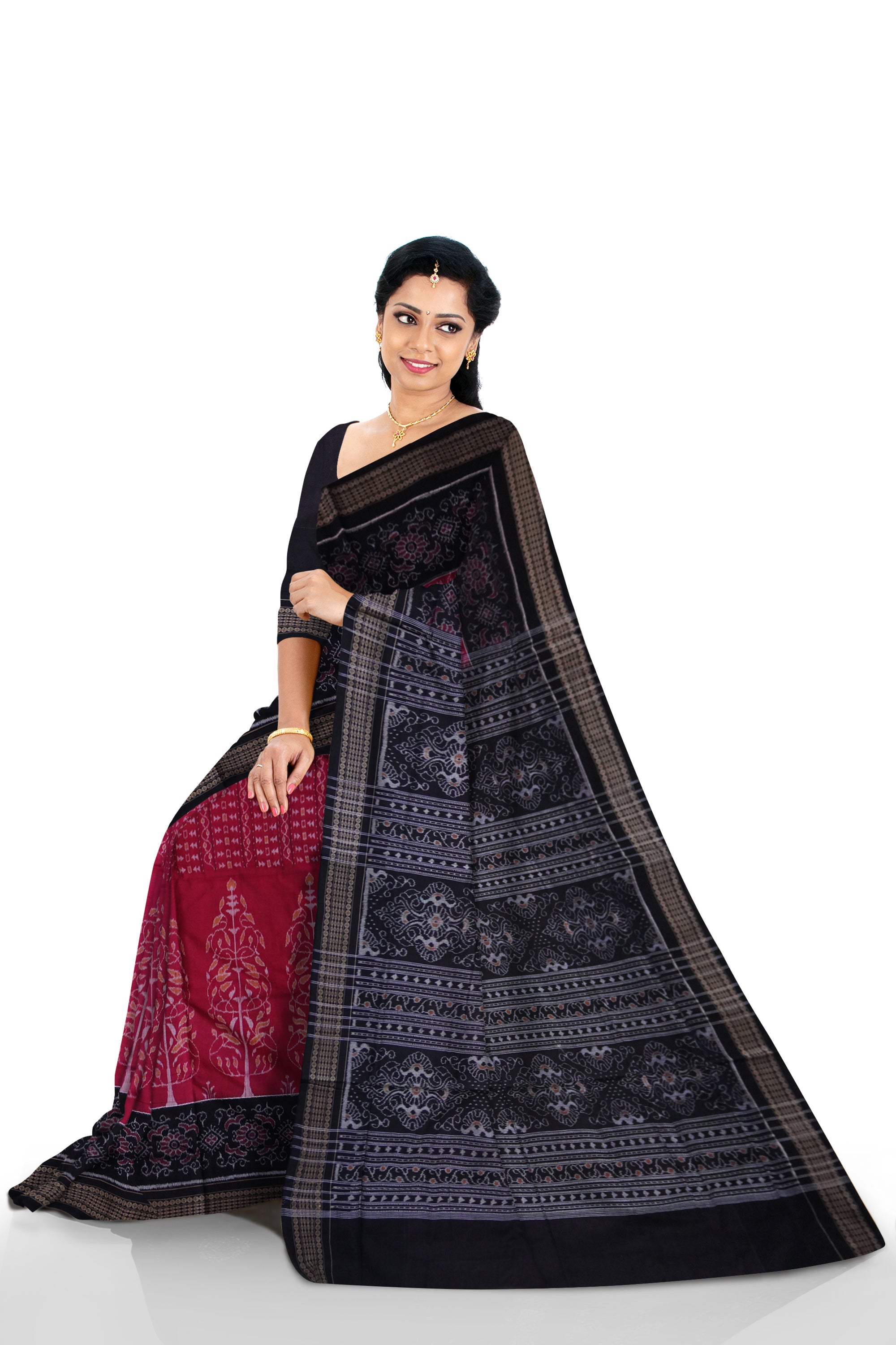 Deep pink and black colour traditional Vines design with big border flower design sambalpuri saree. - Koshali Arts & Crafts Enterprise