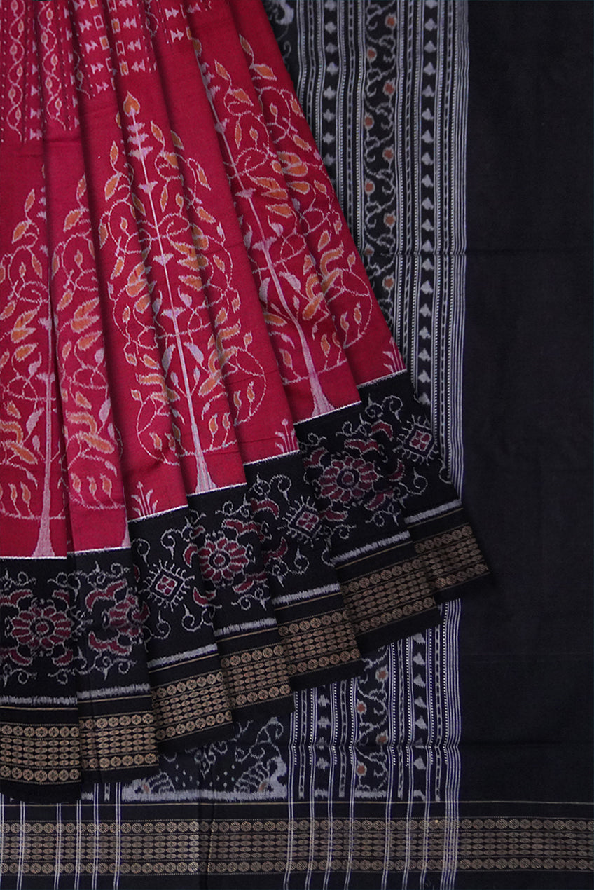 Deep pink and black colour traditional Vines design with big border flower design sambalpuri saree. - Koshali Arts & Crafts Enterprise