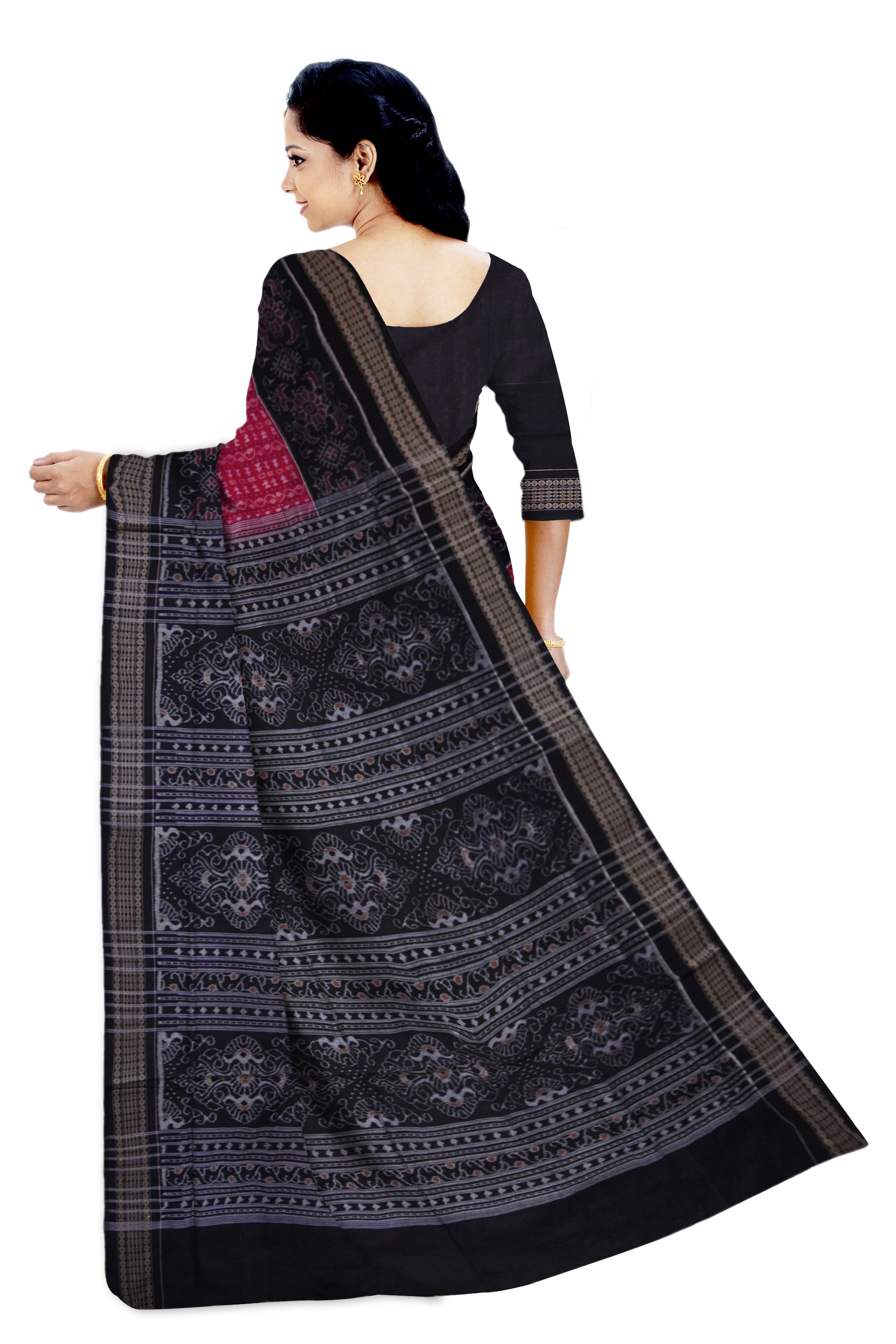 Deep pink and black colour traditional Vines design with big border flower design sambalpuri saree. - Koshali Arts & Crafts Enterprise