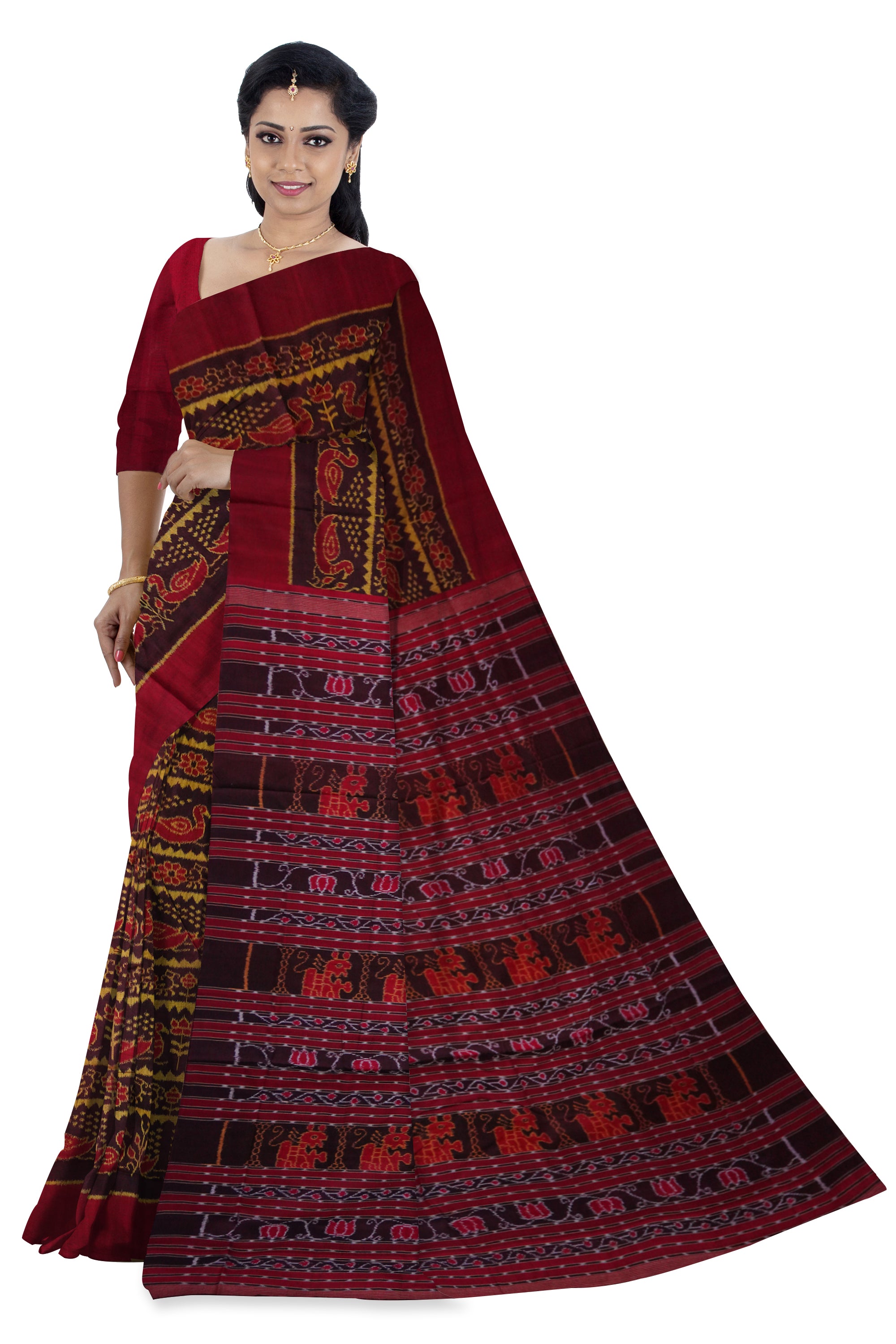 Full body peacock and lotus design with plain border in Coffee and maroon colour sambalpuri saree. - Koshali Arts & Crafts Enterprise