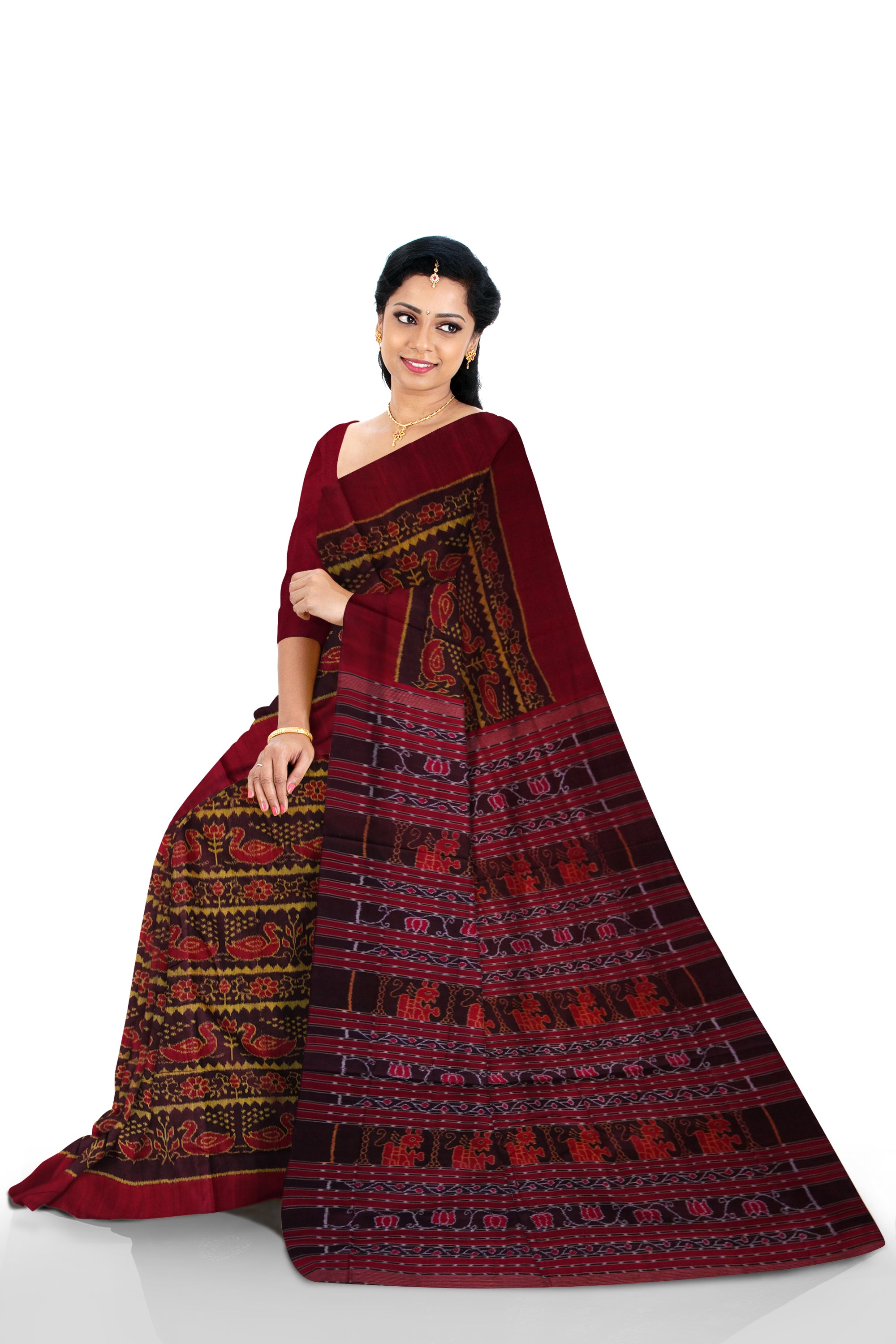 Full body peacock and lotus design with plain border in Coffee and maroon colour sambalpuri saree. - Koshali Arts & Crafts Enterprise