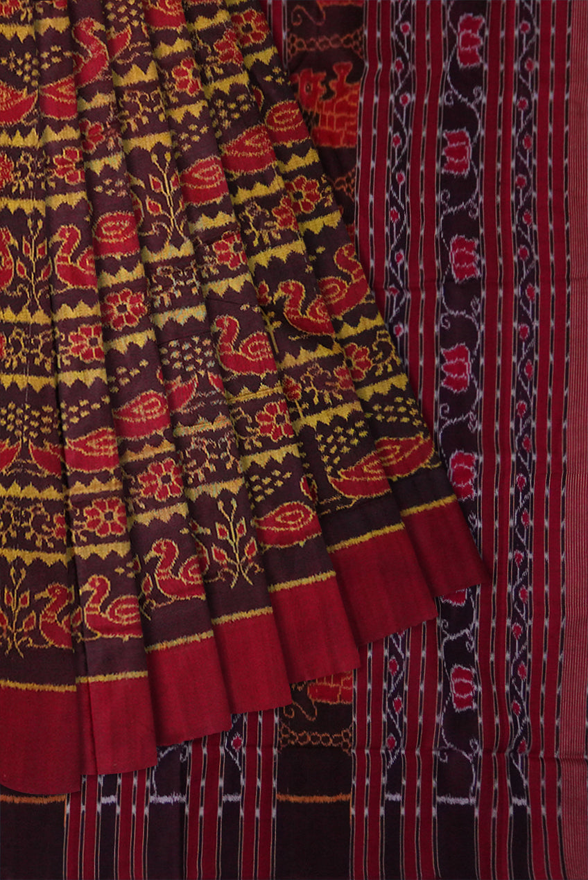 Full body peacock and lotus design with plain border in Coffee and maroon colour sambalpuri saree. - Koshali Arts & Crafts Enterprise
