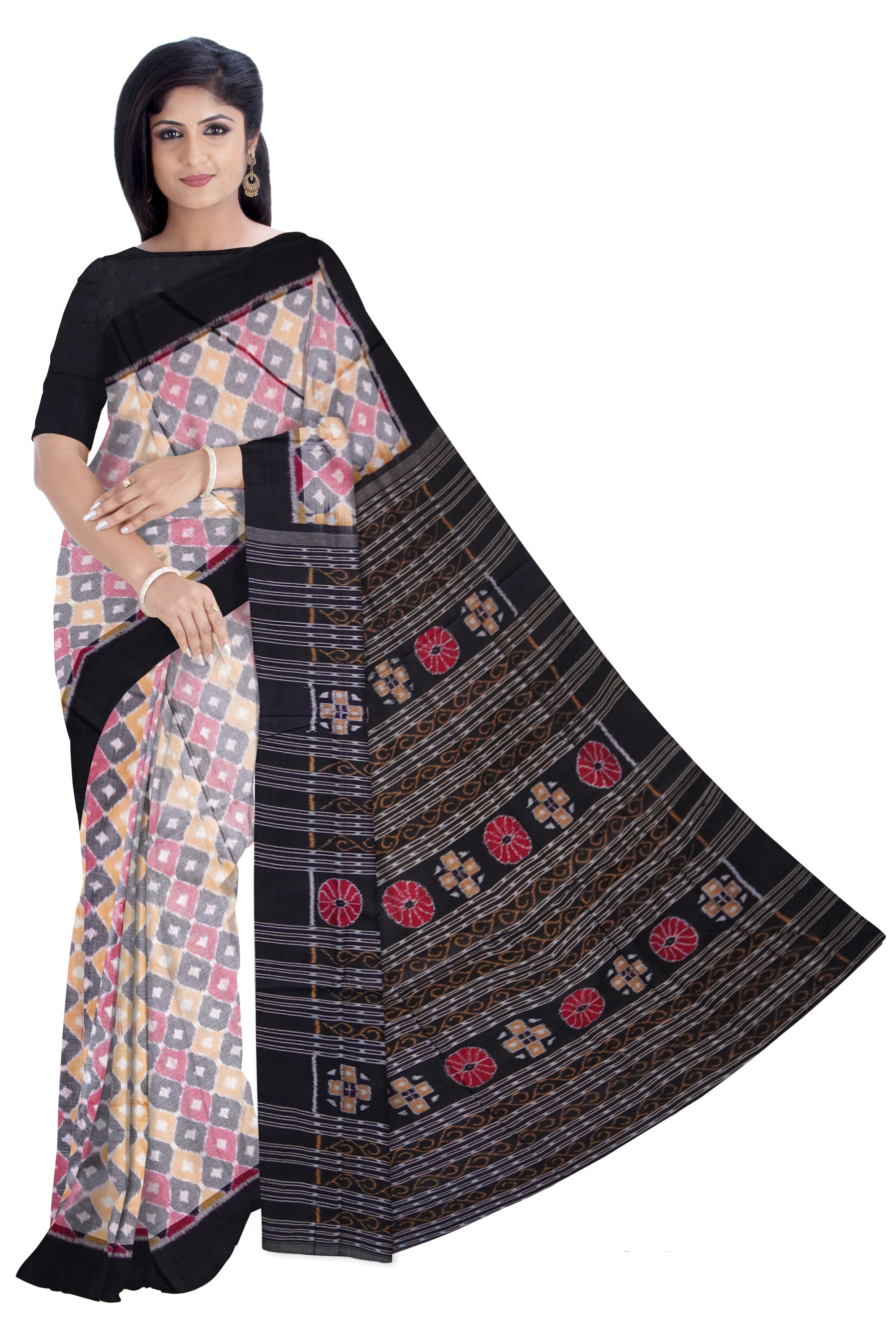 3D pattern with plain border and flowers design pallu in black and 3D colour sambalpuri saree. - Koshali Arts & Crafts Enterprise