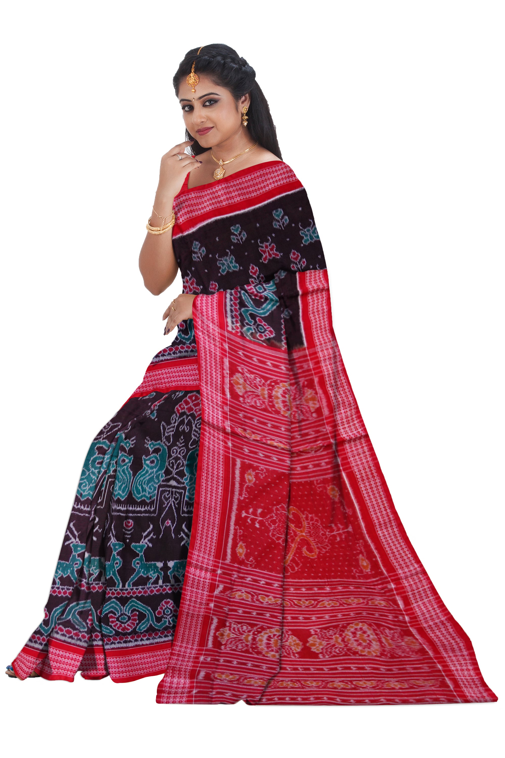 Peacock and Deer's bandha design on full body in Black, Sea-green and Red colour Sambalpuri cotton saree. - Koshali Arts & Crafts Enterprise
