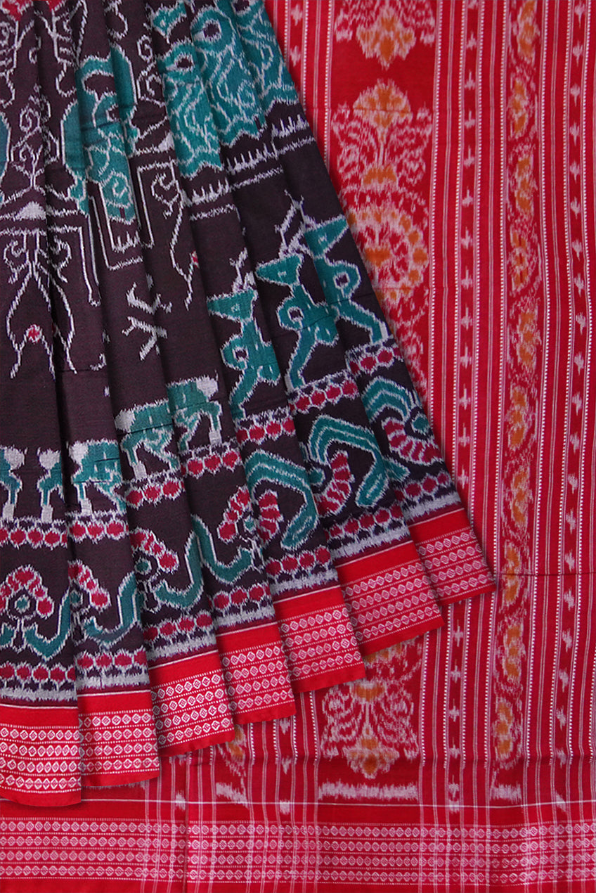 Peacock and Deer's bandha design on full body in Black, Sea-green and Red colour Sambalpuri cotton saree. - Koshali Arts & Crafts Enterprise