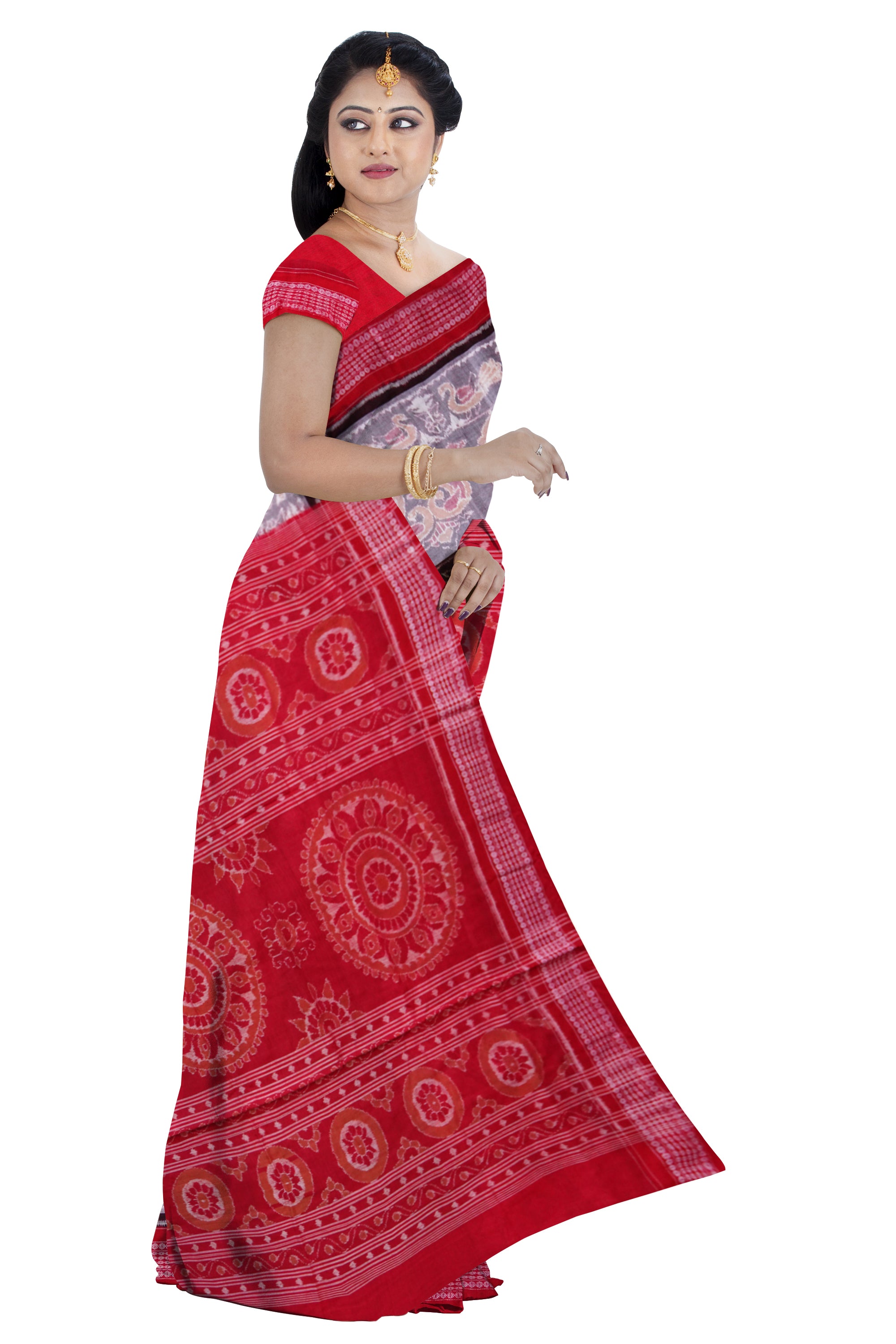 Peacock and birds design on full body in coffee,white and red colour sambalpuri cotton saree. - Koshali Arts & Crafts Enterprise