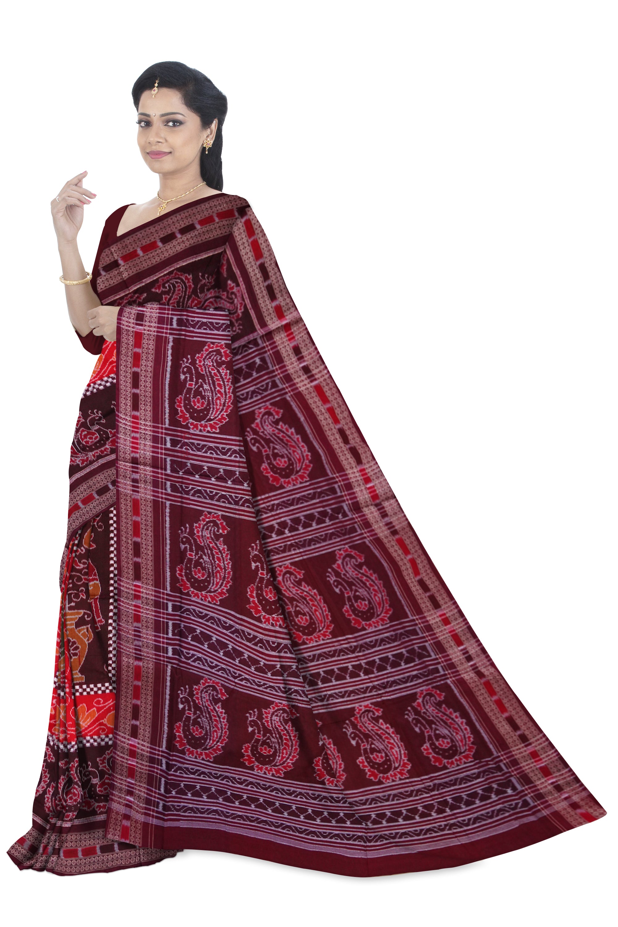 Traditional peacock with nartaki bandha design on full body in Orange and Coffee colour , Peacock pallu with a attractive border sambalpuri saree, - Koshali Arts & Crafts Enterprise