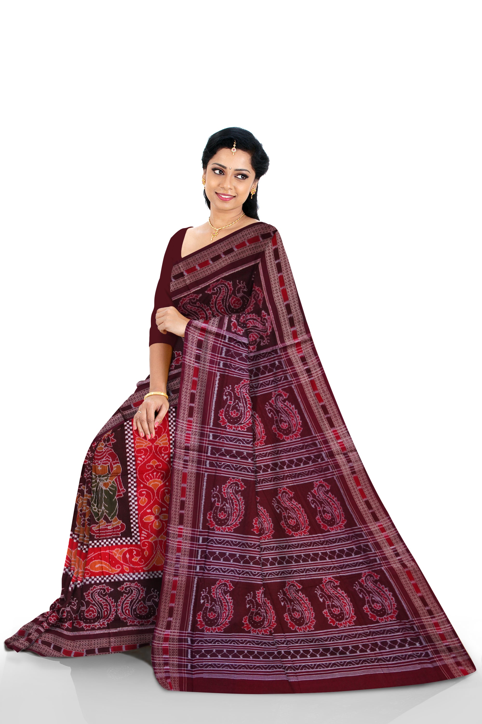 Traditional peacock with nartaki bandha design on full body in Orange and Coffee colour , Peacock pallu with a attractive border sambalpuri saree, - Koshali Arts & Crafts Enterprise