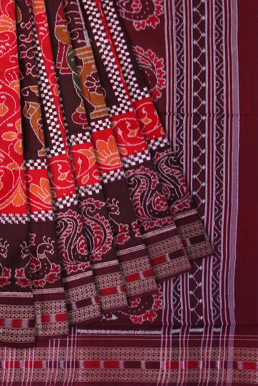 Traditional peacock with nartaki bandha design on full body in Orange and Coffee colour , Peacock pallu with a attractive border sambalpuri saree, - Koshali Arts & Crafts Enterprise