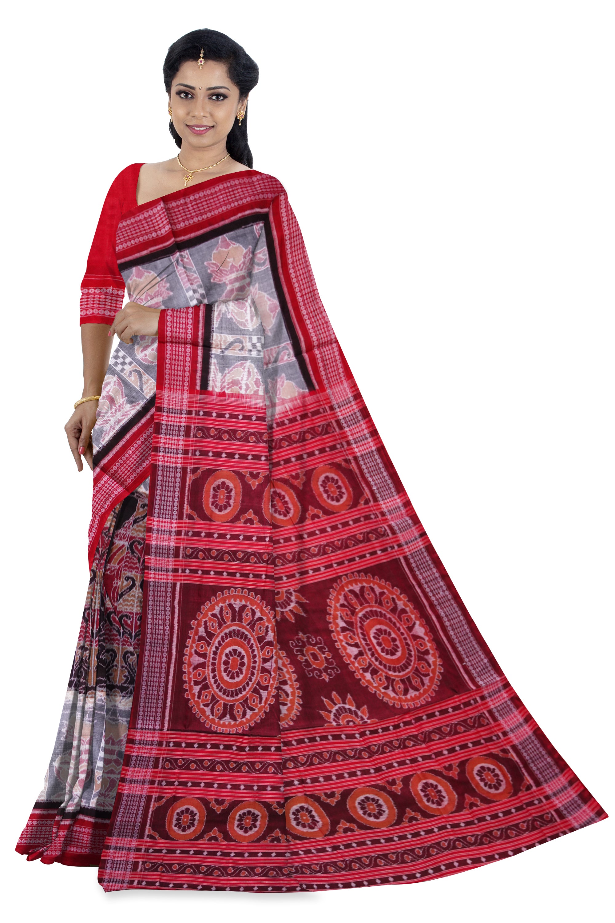 Royal Elephant and Kalasha design in traditionally work on full body in Black , white and red colour pure cotton saree. - Koshali Arts & Crafts Enterprise