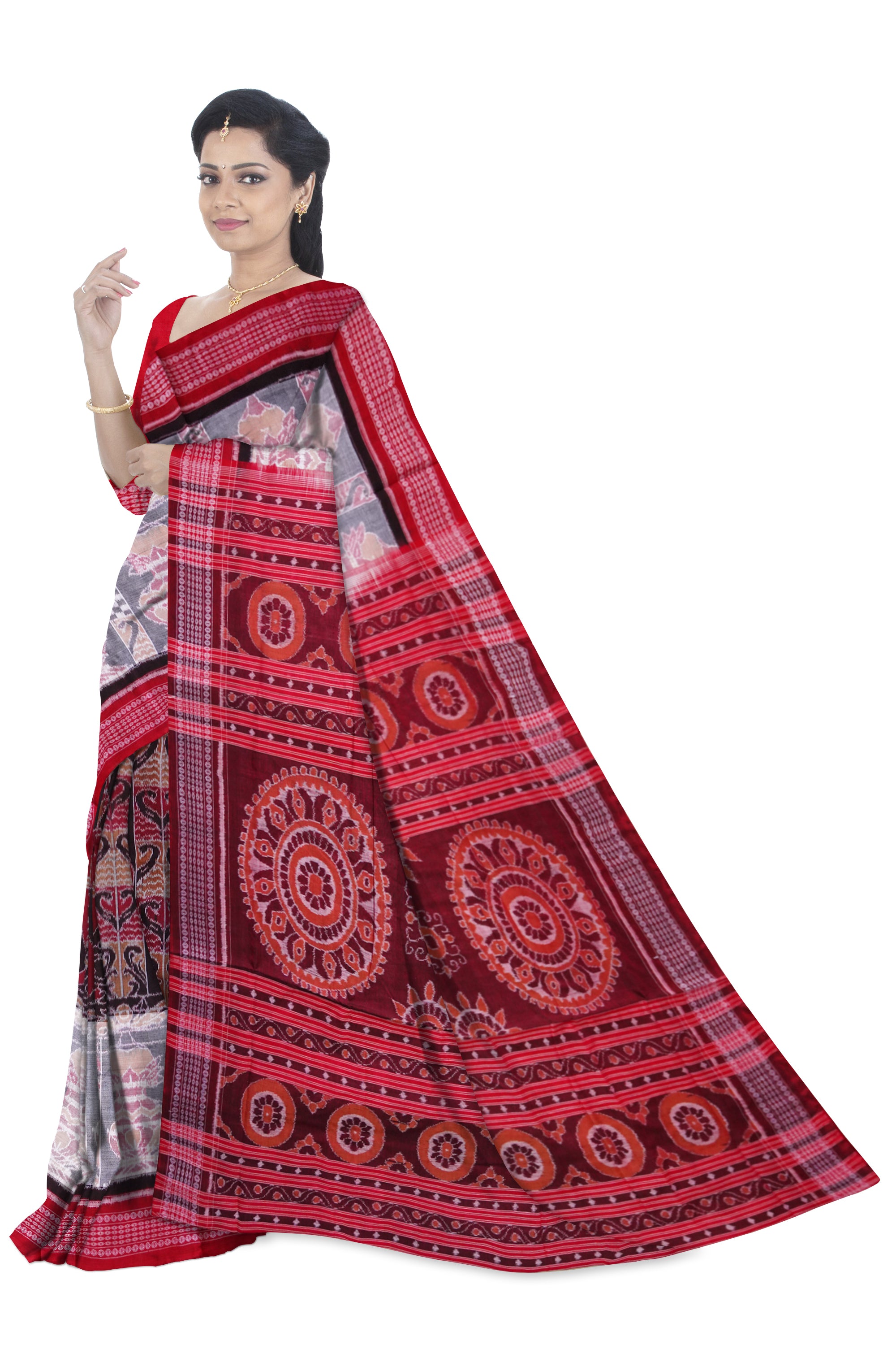 Royal Elephant and Kalasha design in traditionally work on full body in Black , white and red colour pure cotton saree. - Koshali Arts & Crafts Enterprise