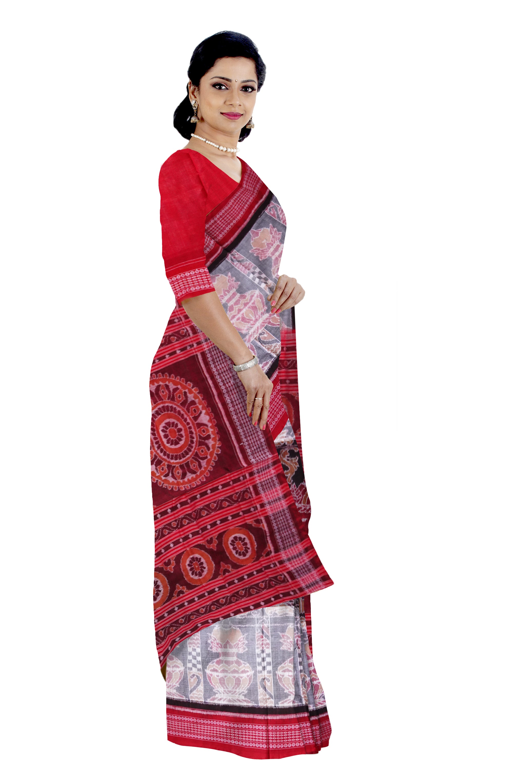 Royal Elephant and Kalasha design in traditionally work on full body in Black , white and red colour pure cotton saree. - Koshali Arts & Crafts Enterprise