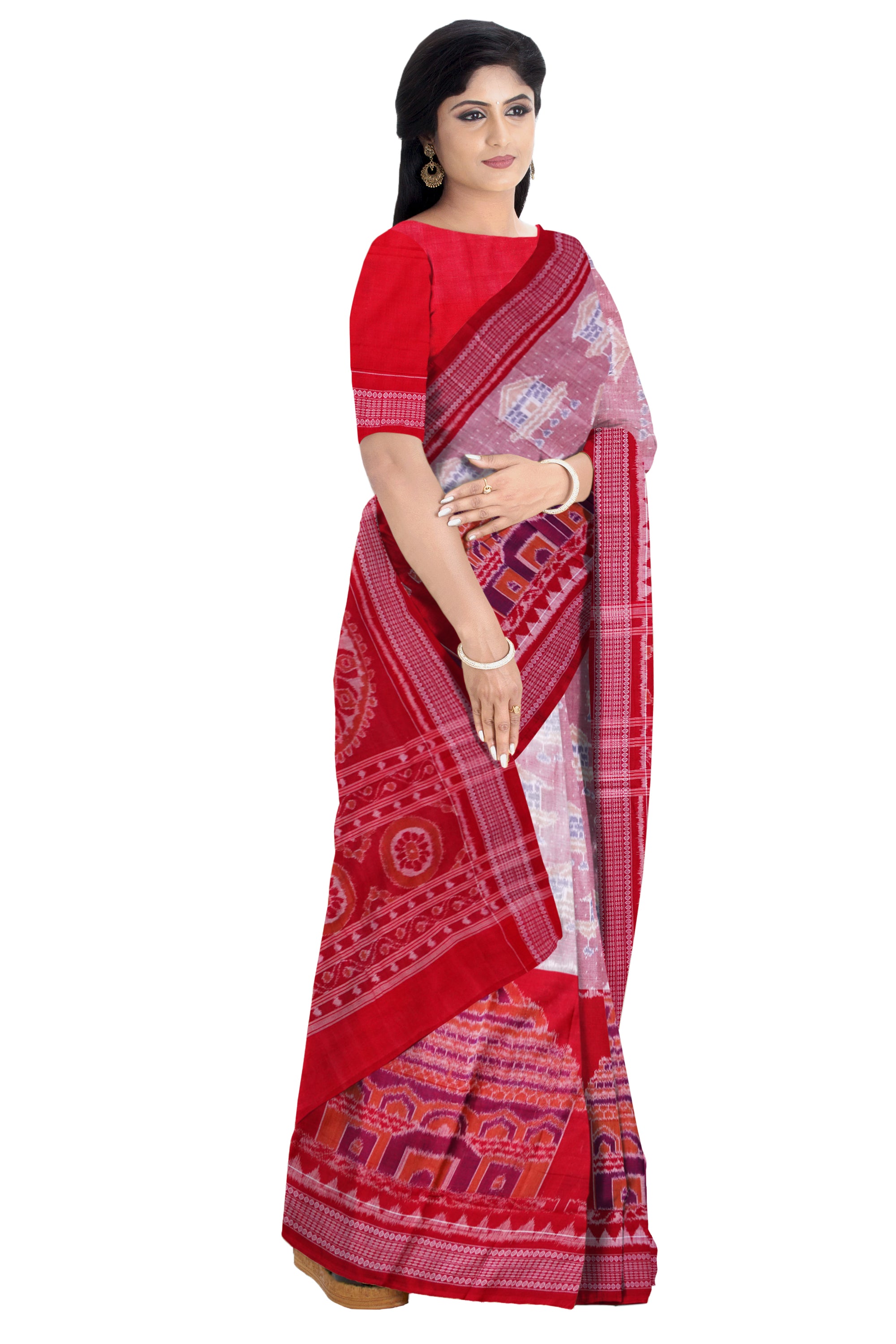 Konark desiged on whole body in Red and white colour, pallu design is based on traditional flower pattern cotton saree. - Koshali Arts & Crafts Enterprise
