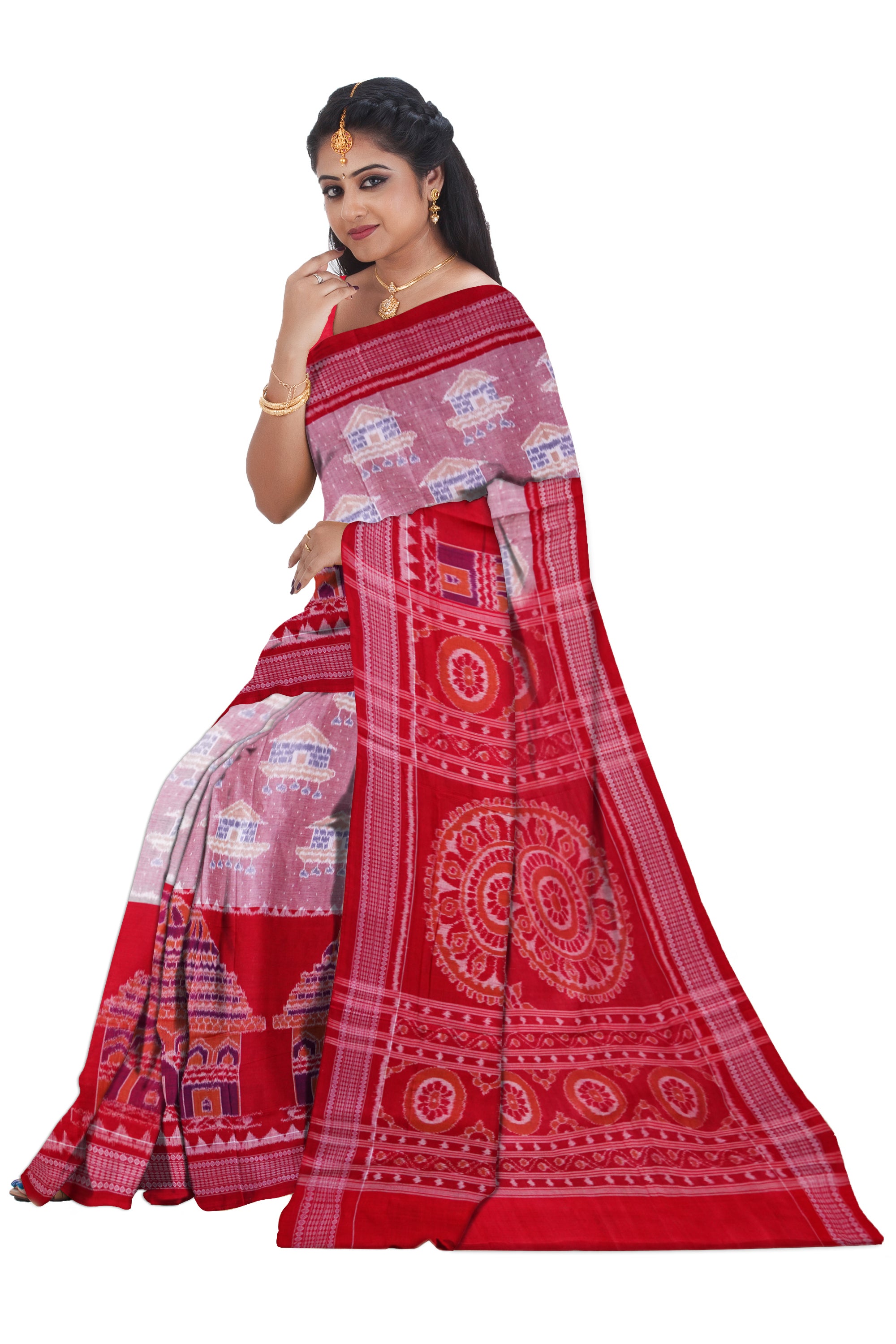 Konark desiged on whole body in Red and white colour, pallu design is based on traditional flower pattern cotton saree. - Koshali Arts & Crafts Enterprise