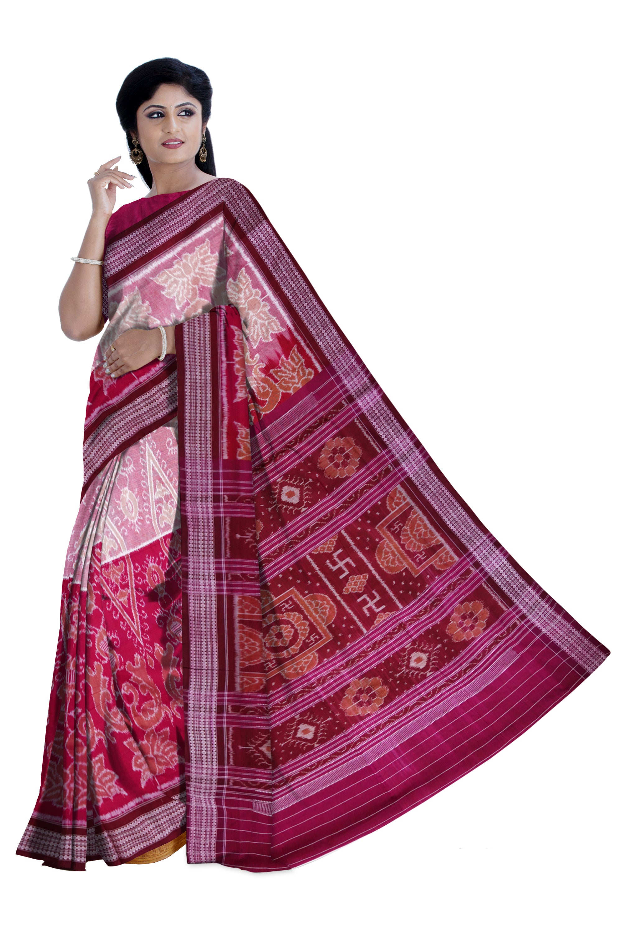 Peacock stand in lotus flower work o traditional base design with both side of the saree in Pink, white and maroon colour. - Koshali Arts & Crafts Enterprise
