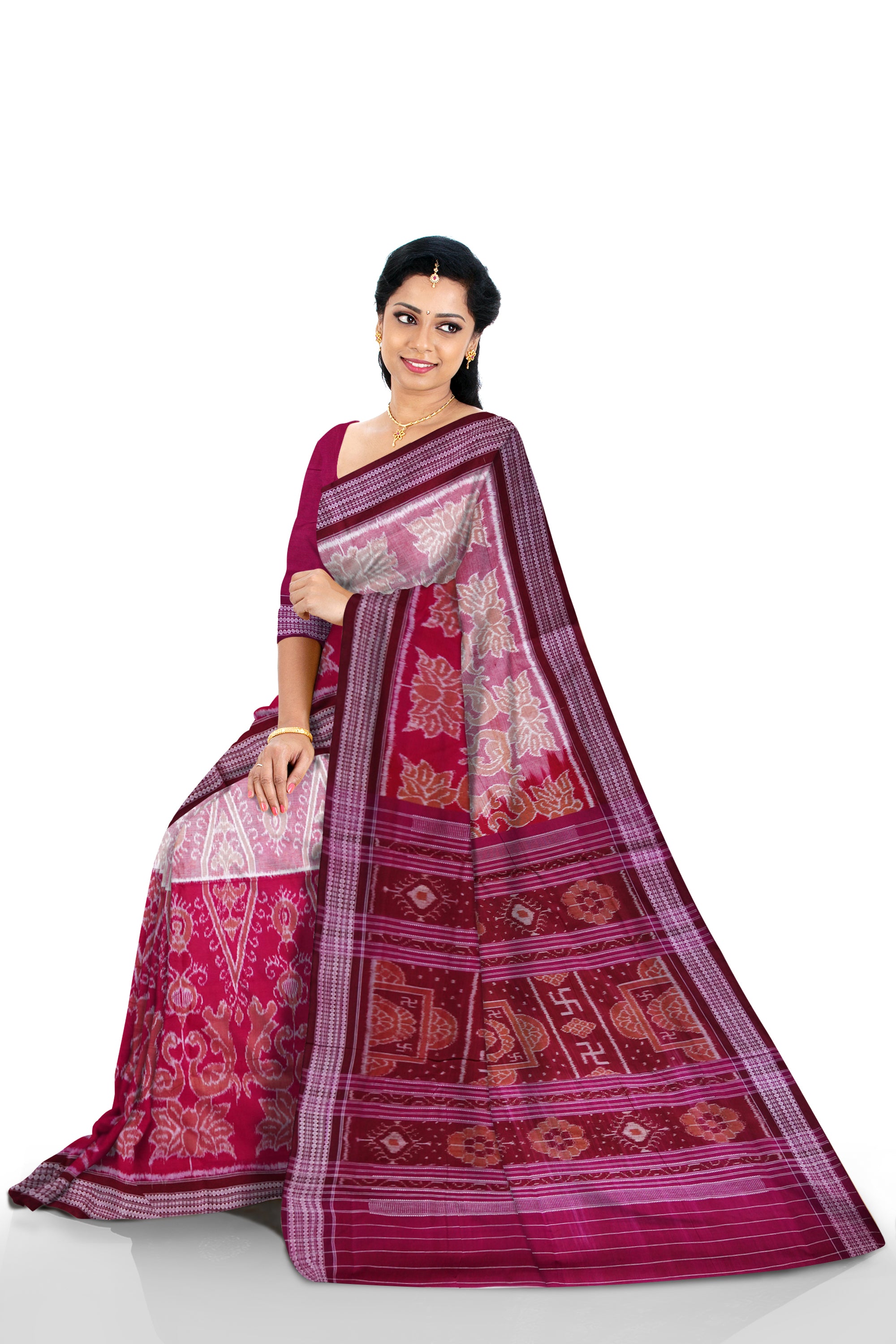 Animals with box pattern and Birds with vines bandha design, big border with nartaki pattern pallu in maroon and orange colour saree. - Koshali Arts & Crafts Enterprise