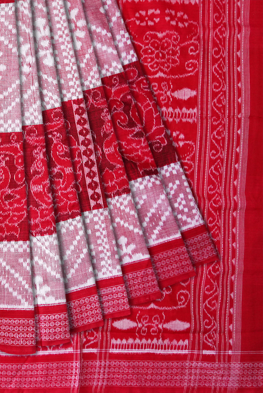 Peacock and small pasapali pattern Sambalpuri cotton saree is white and red color. - Koshali Arts & Crafts Enterprise