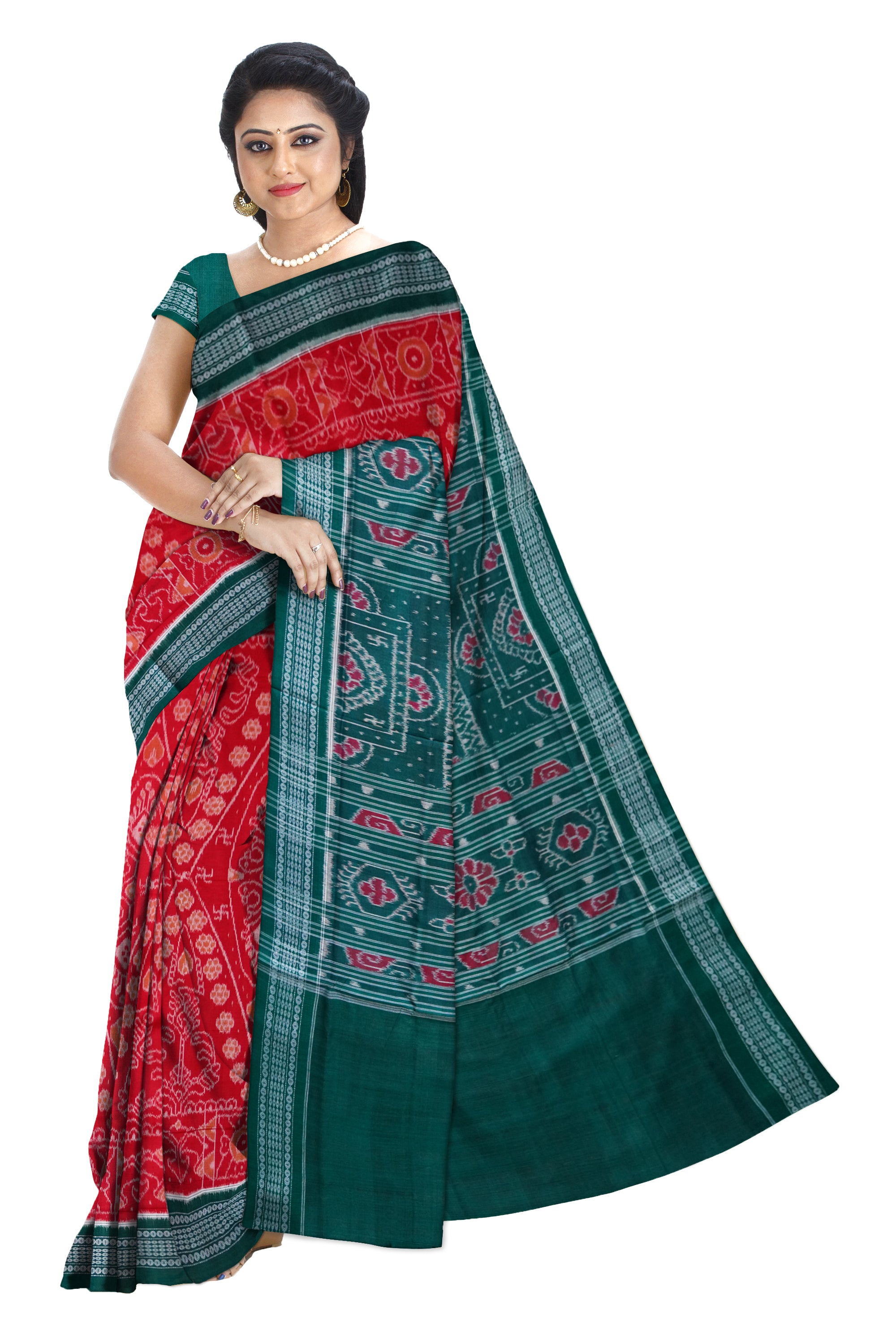 Maroon and dark sea-green color peacock and flowers pattern sambalpuri cotton saree. - Koshali Arts & Crafts Enterprise