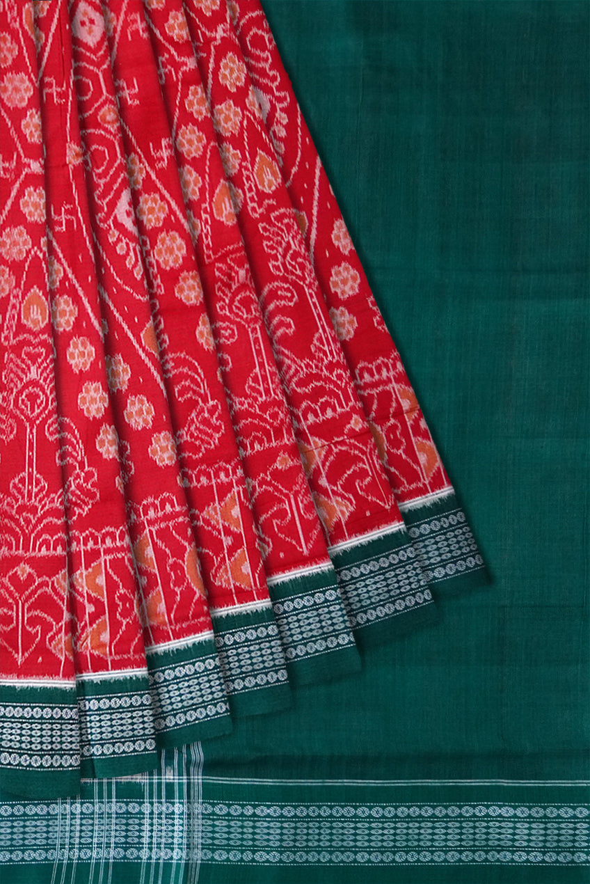 Maroon and dark sea-green color peacock and flowers pattern sambalpuri cotton saree. - Koshali Arts & Crafts Enterprise