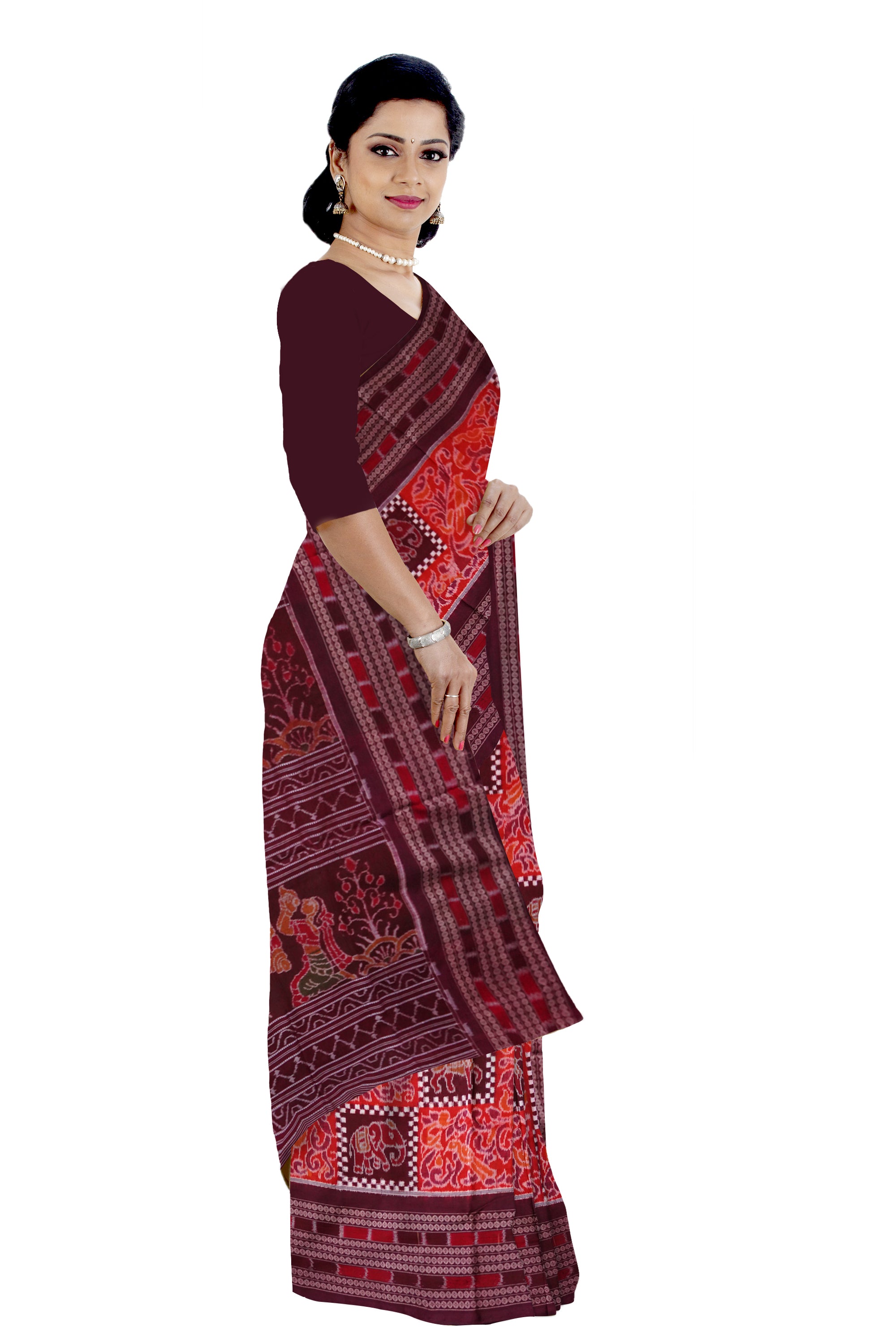 Animals with box pattern and Birds with vines bandha design, big border with nartaki pattern pallu in maroon and orange colour saree. - Koshali Arts & Crafts Enterprise