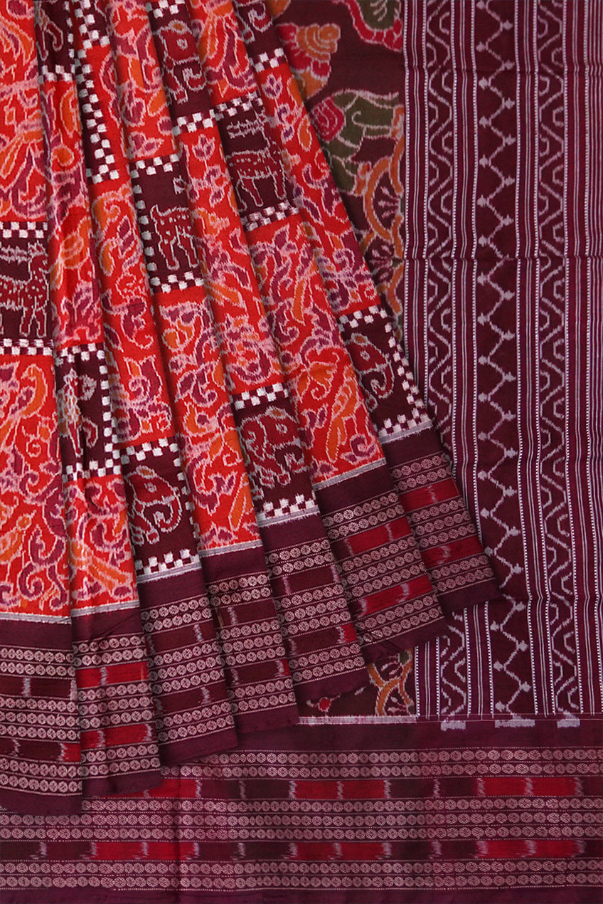 Animals with box pattern and Birds with vines bandha design, big border with nartaki pattern pallu in maroon and orange colour saree. - Koshali Arts & Crafts Enterprise