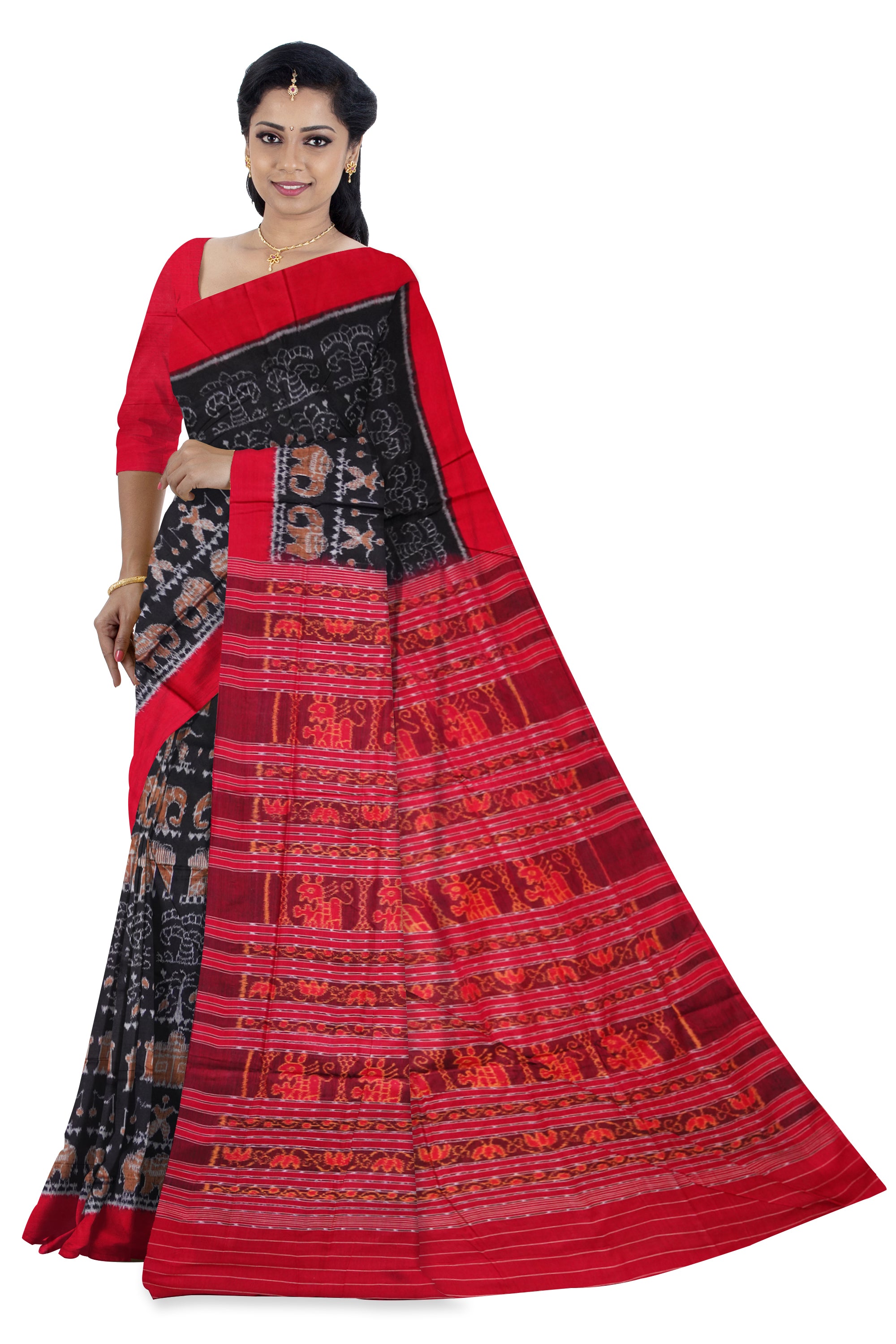 Terracotta work on full body in Black and red colour with plain border  sambalpuri cotton saree. - Koshali Arts & Crafts Enterprise