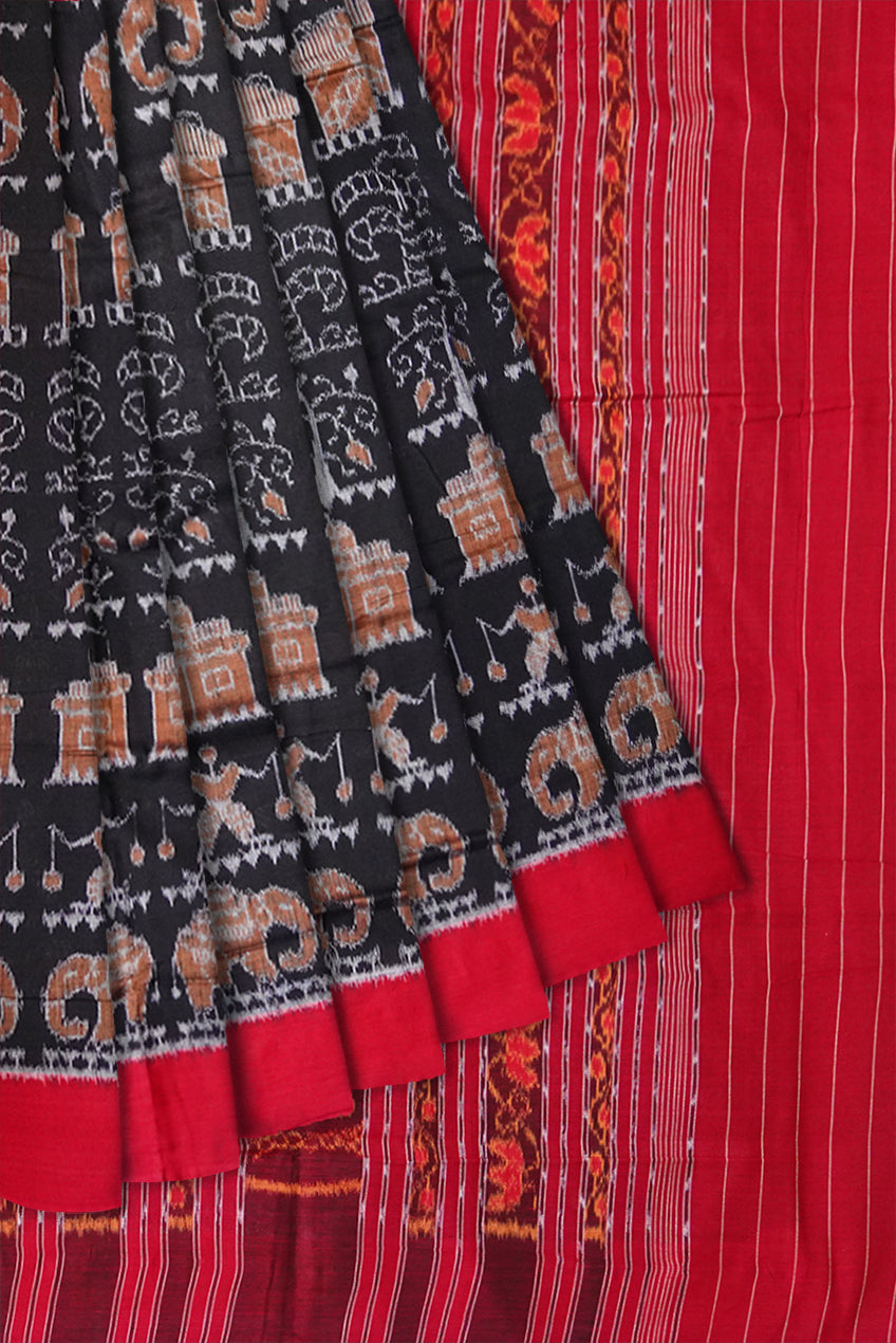 Terracotta work on full body in Black and red colour with plain border sambalpuri cotton saree. - Koshali Arts & Crafts Enterprise