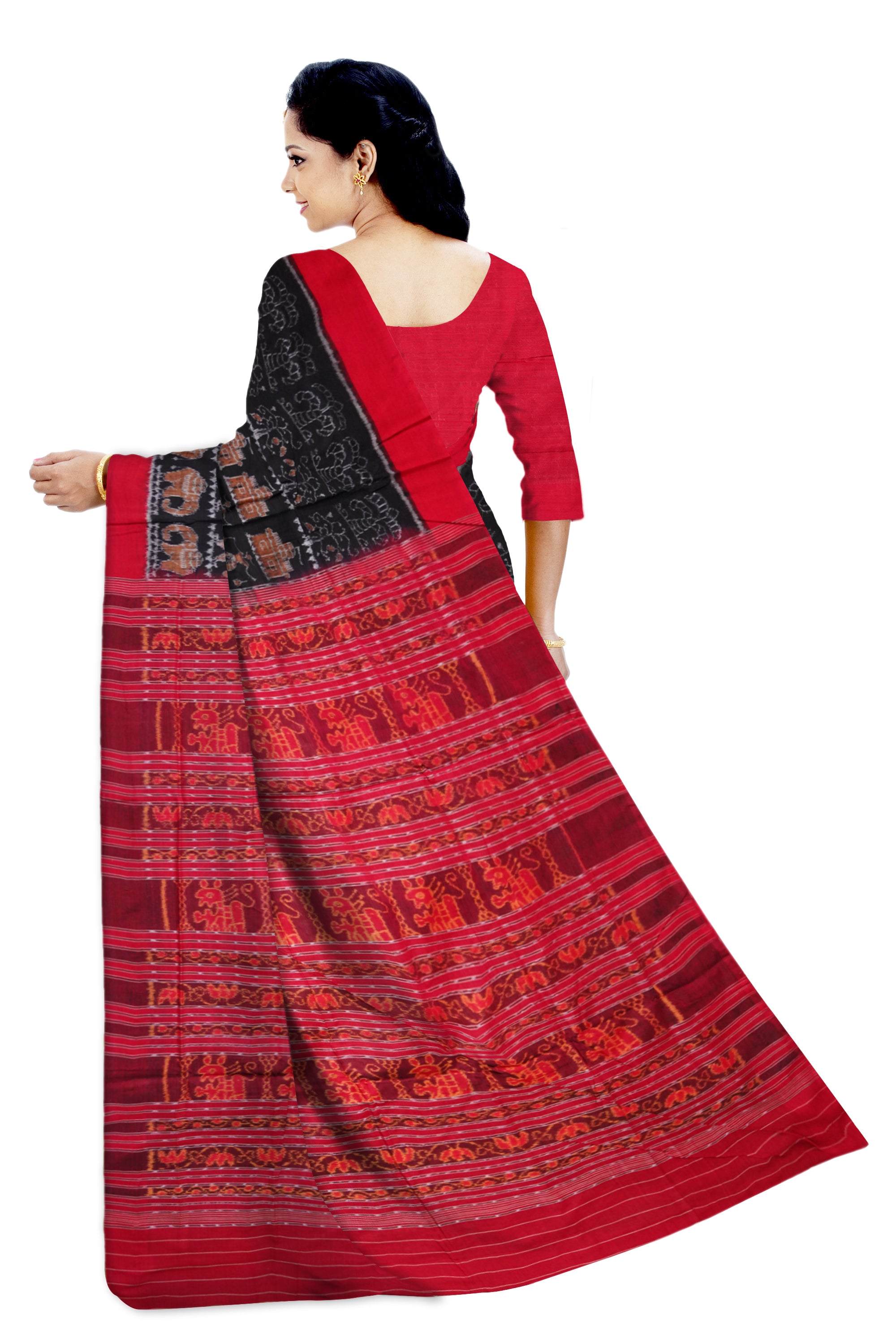 Terracotta work on full body in Black and red colour with plain border sambalpuri cotton saree. - Koshali Arts & Crafts Enterprise