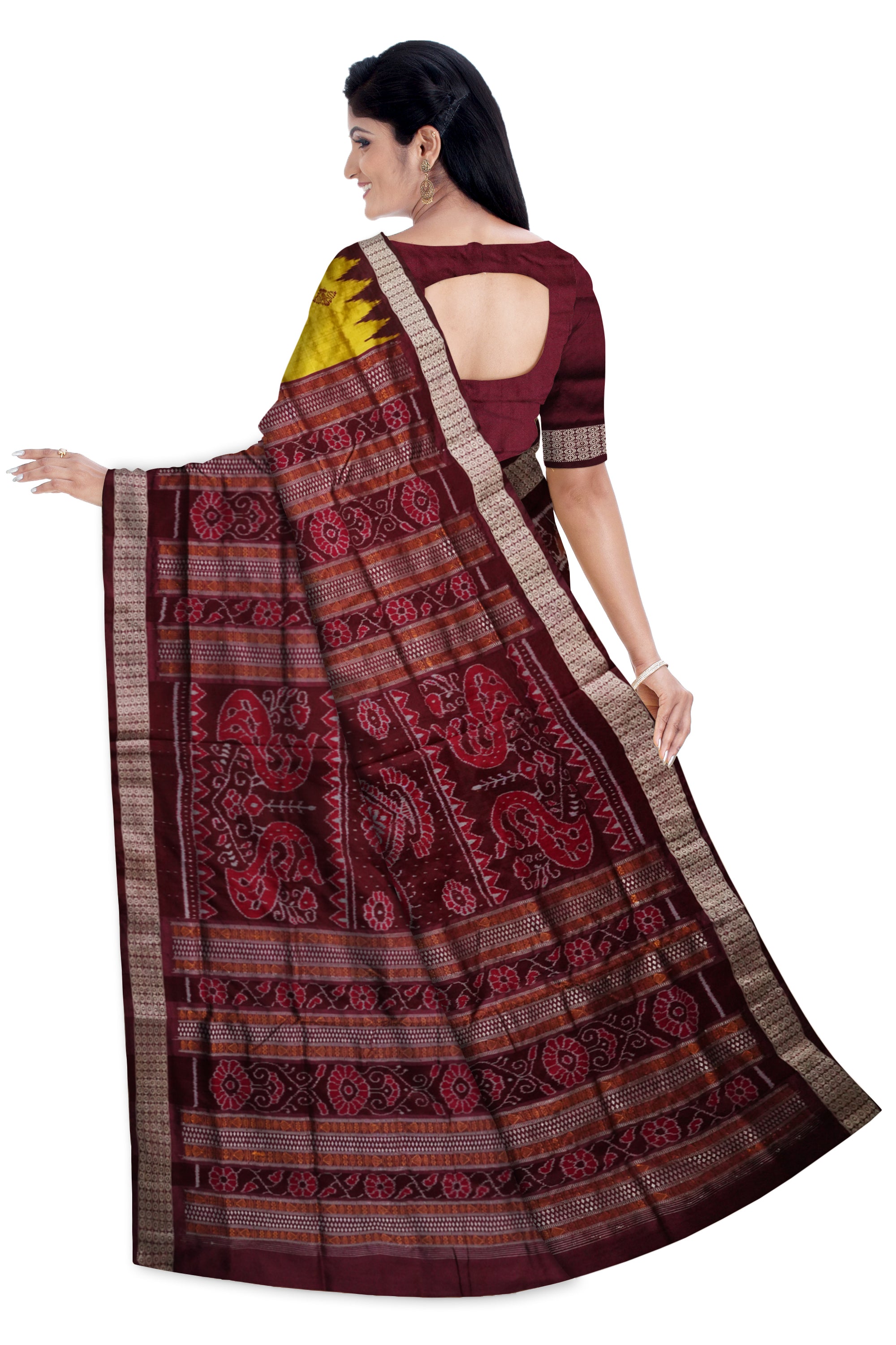 Traditional peacock pattern bomkei pata saree is Yellow & Coffee color. - Koshali Arts & Crafts Enterprise