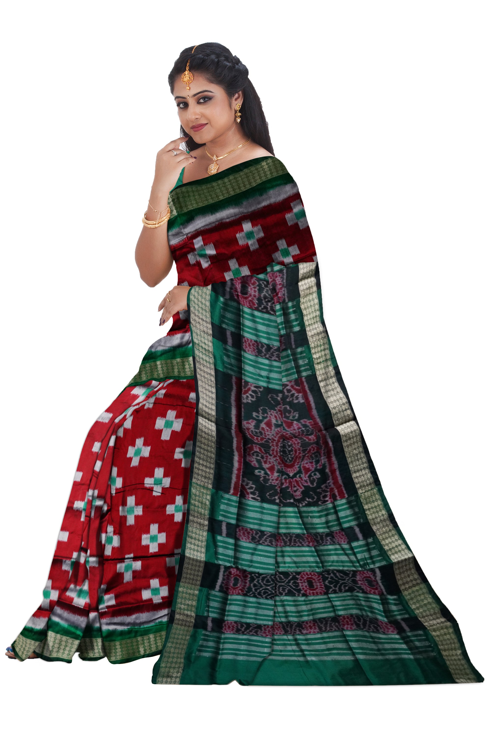 Maroon & Green color tara pattern pata saree. - Koshali Arts & Crafts Enterprise