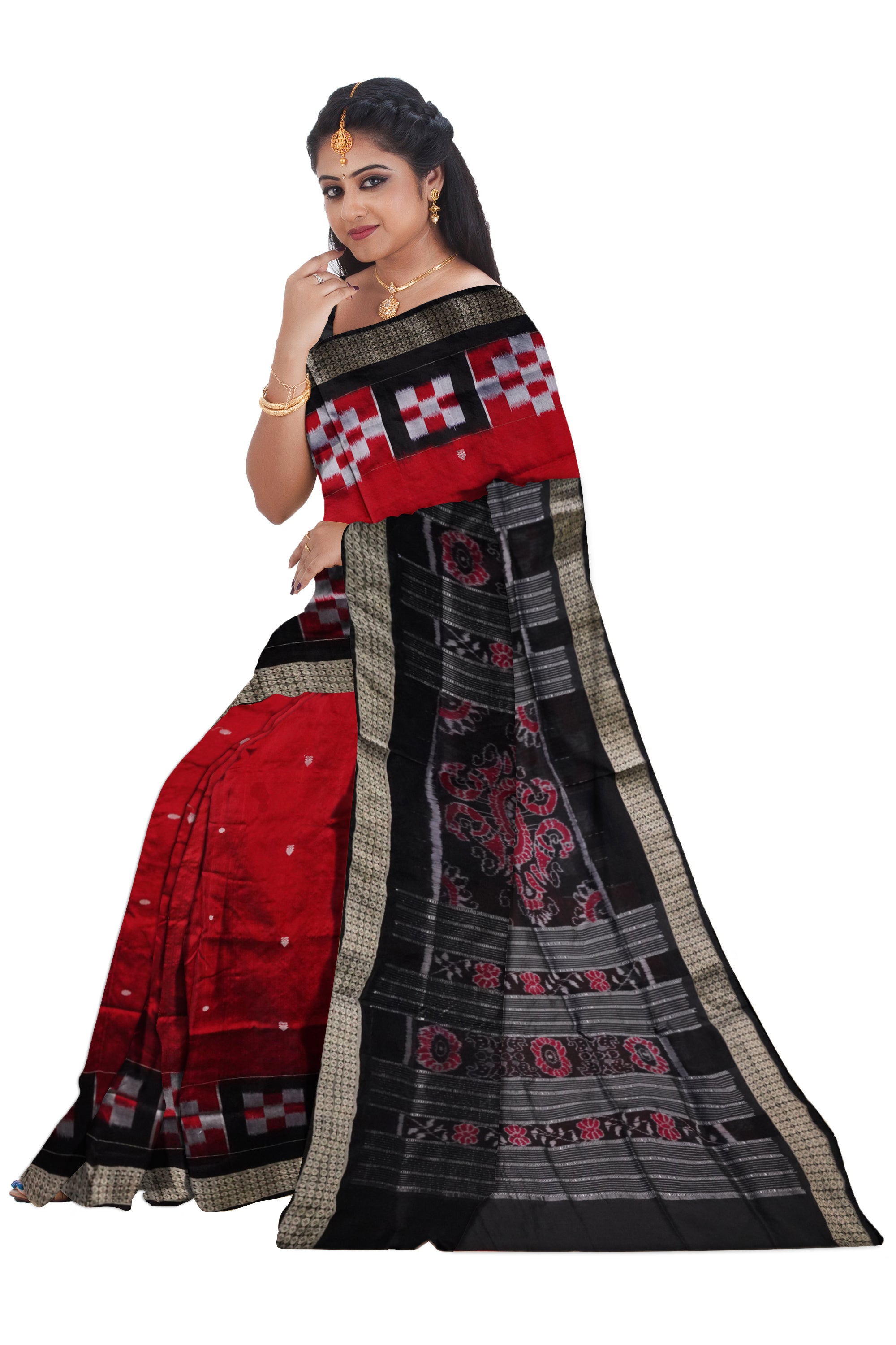 Border big Pasapali & body small booty pattern pata saree in Maroon & Black color. - Koshali Arts & Crafts Enterprise