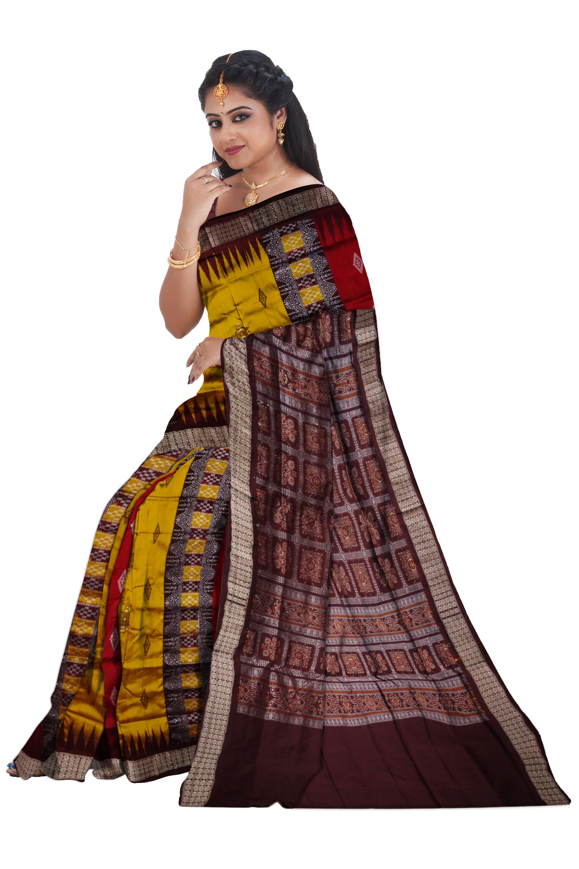 Yellow & Maroon color Bomkei pattern pata saree. - Koshali Arts & Crafts Enterprise