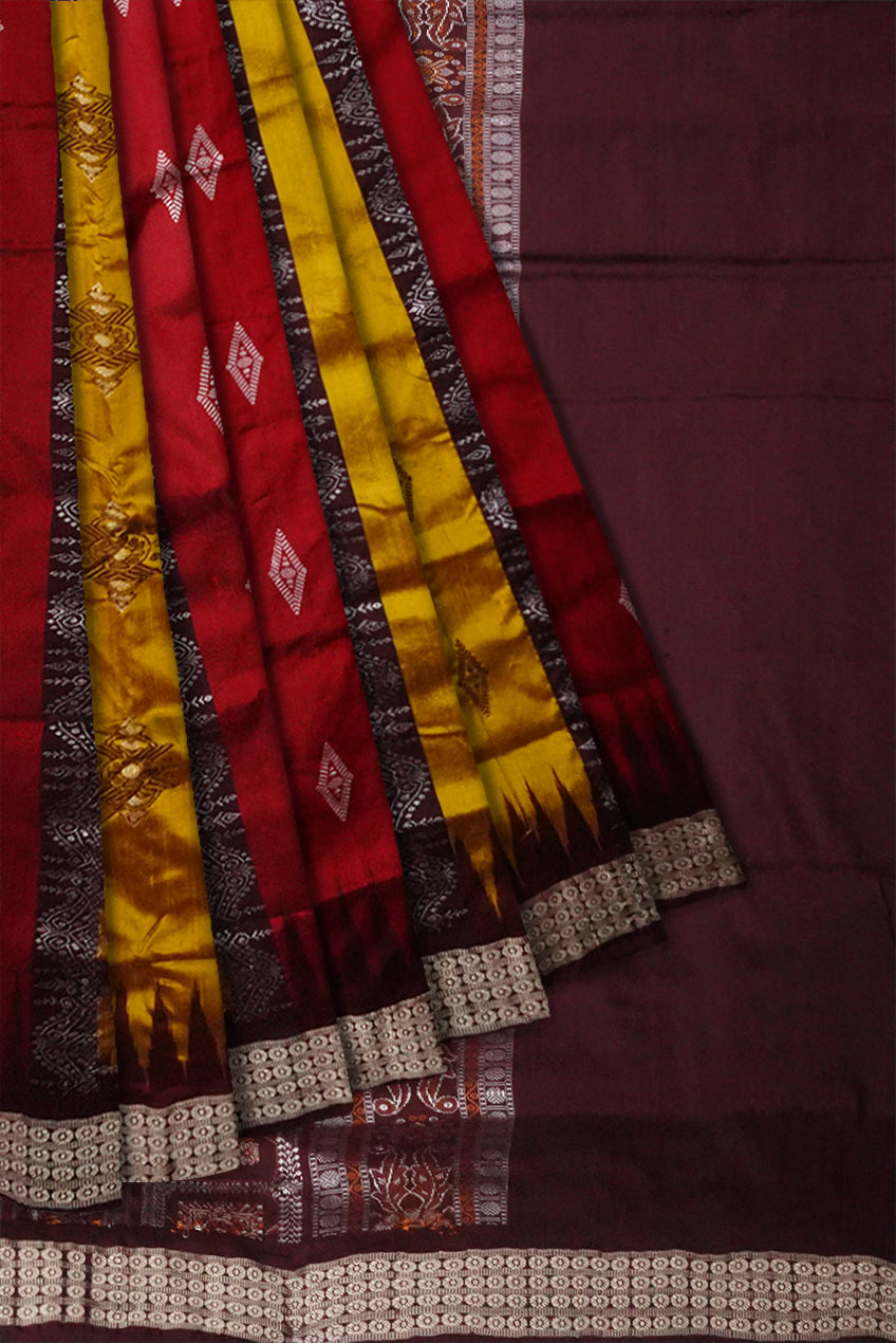 Yellow & Maroon color Bomkei pattern pata saree. - Koshali Arts & Crafts Enterprise
