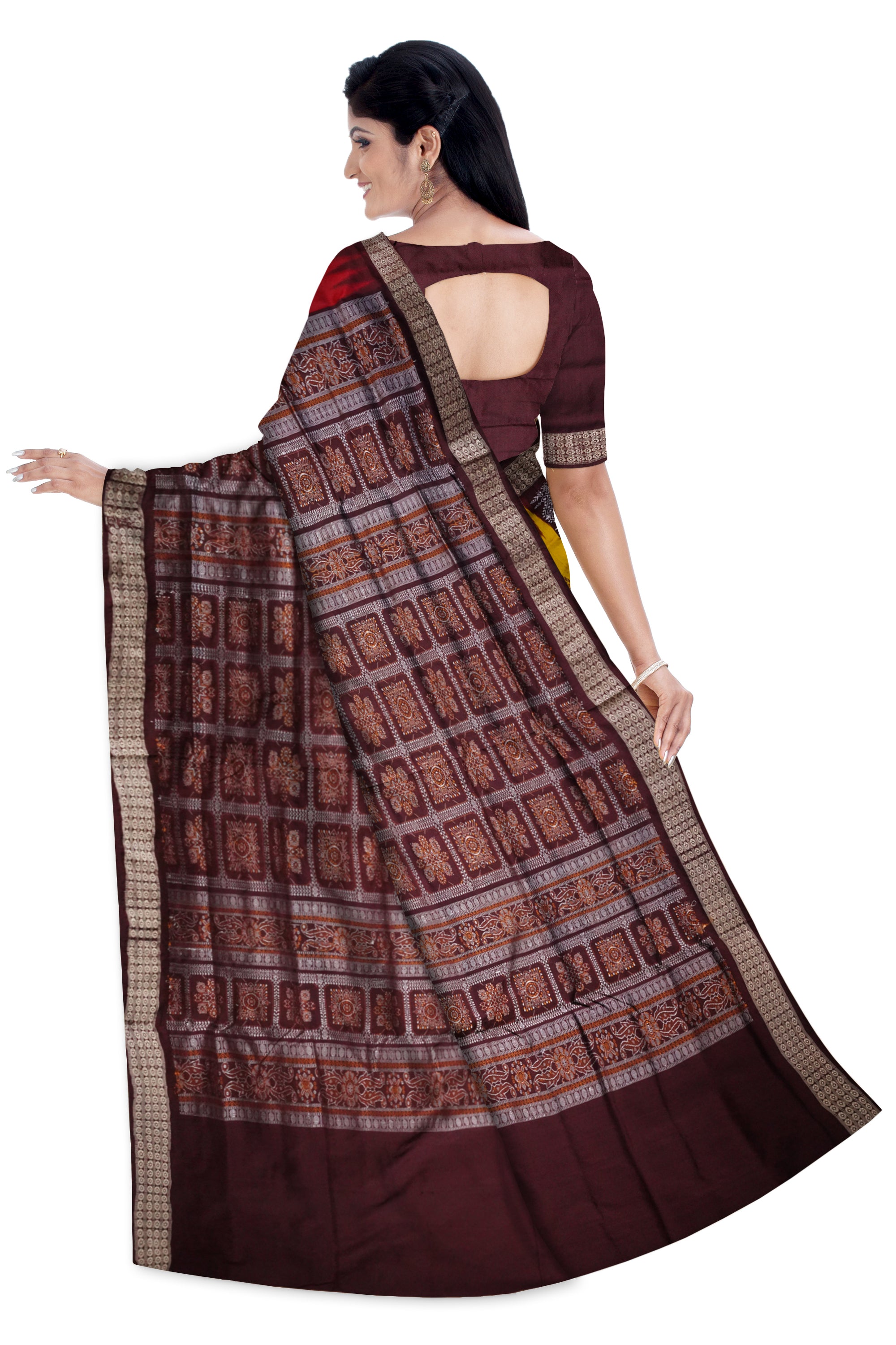 Yellow & Maroon color Bomkei pattern pata saree. - Koshali Arts & Crafts Enterprise