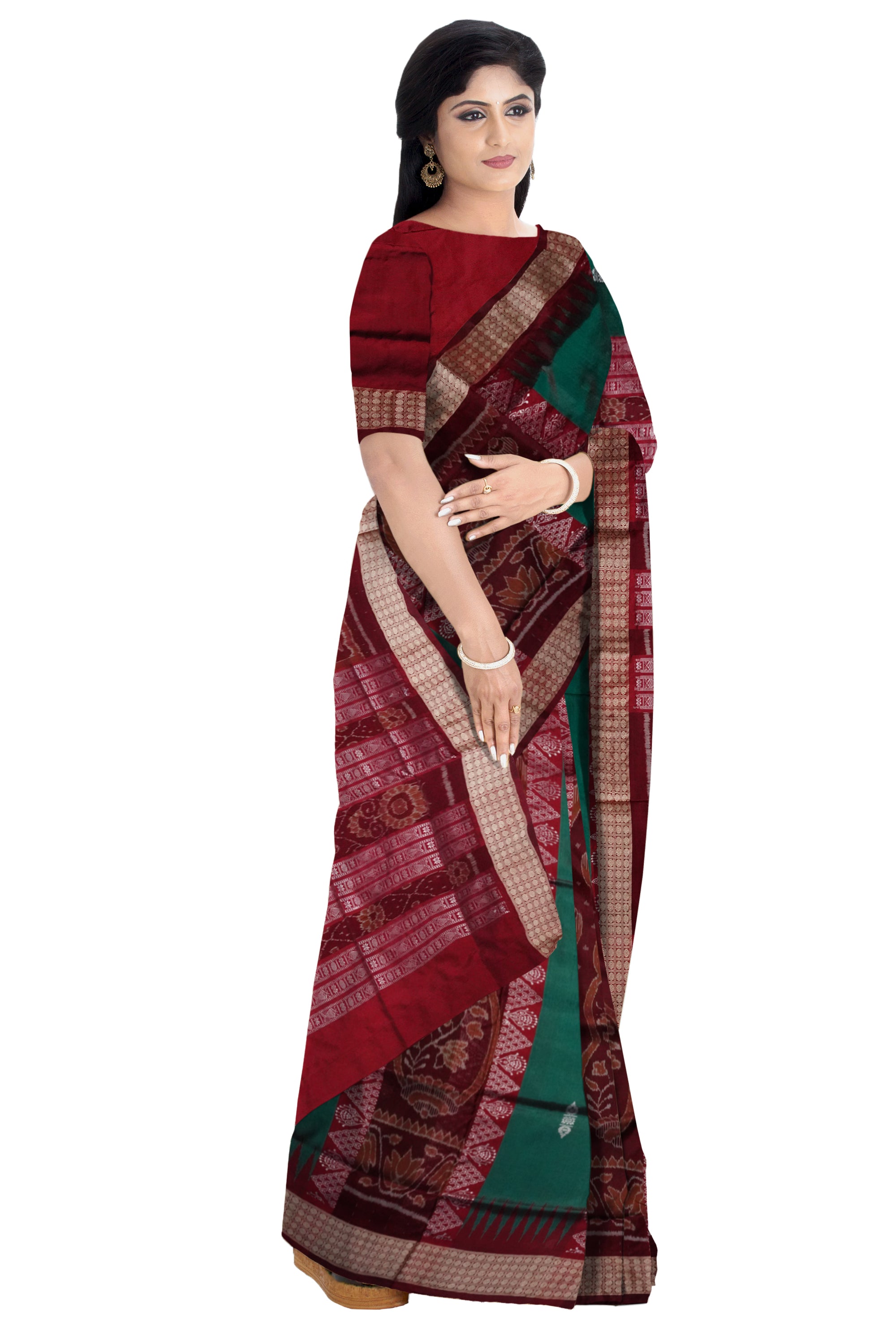 Dark green & Maroon color shankha pattern bomkei pata saree. - Koshali Arts & Crafts Enterprise
