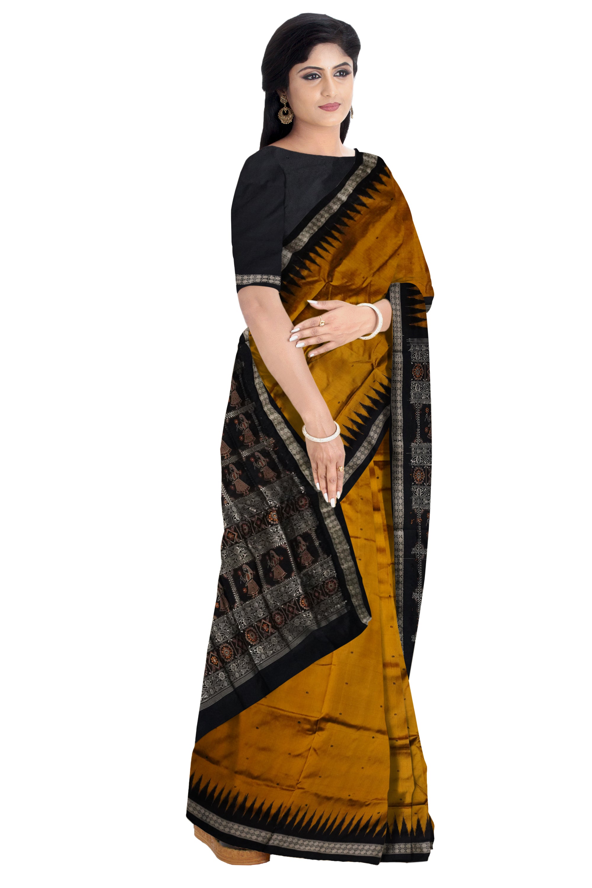 Yellow and Black color plain pata saree with doll pallu. - Koshali Arts & Crafts Enterprise