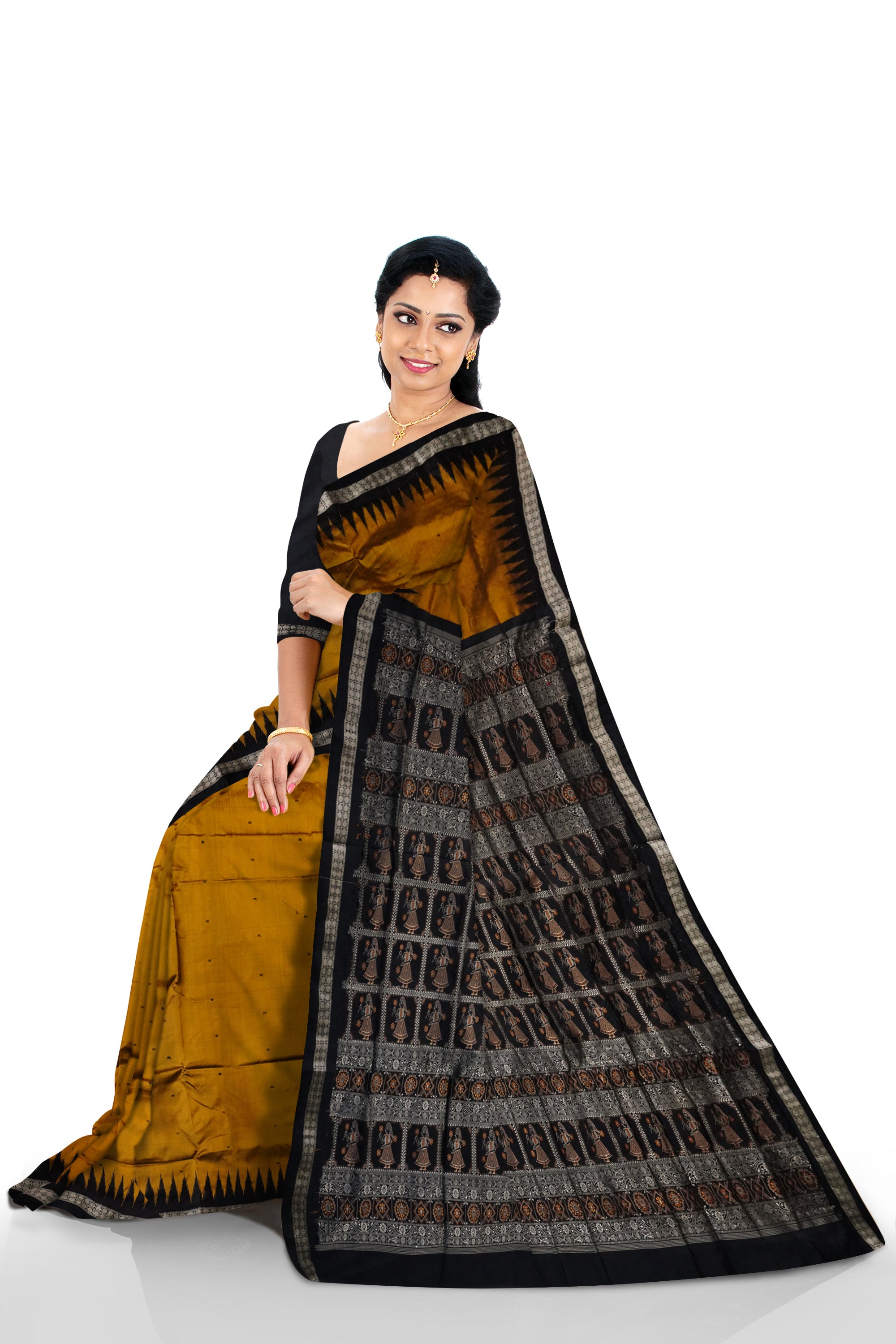 Yellow and Black color plain pata saree with doll pallu. - Koshali Arts & Crafts Enterprise