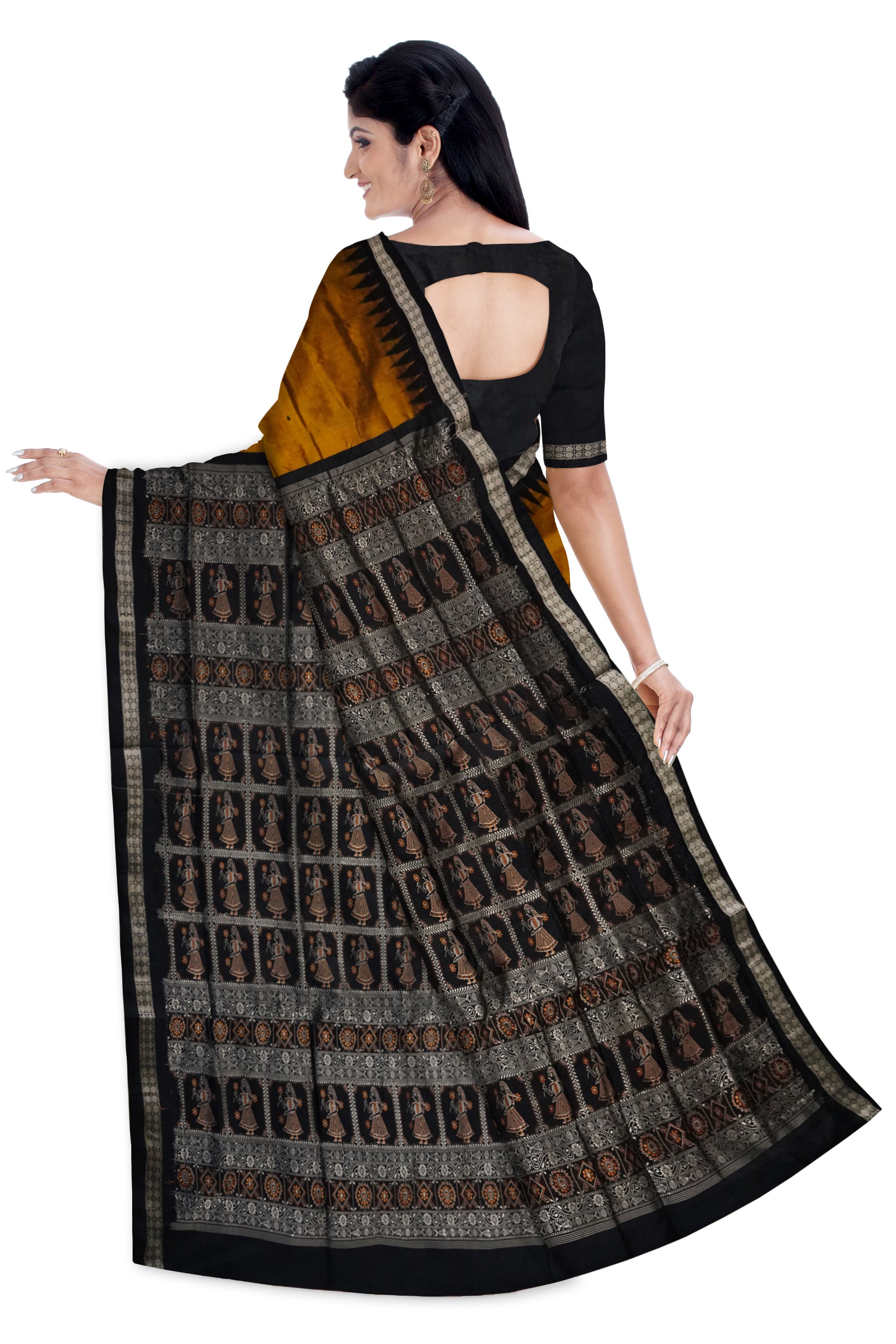 Yellow and Black color plain pata saree with doll pallu. - Koshali Arts & Crafts Enterprise