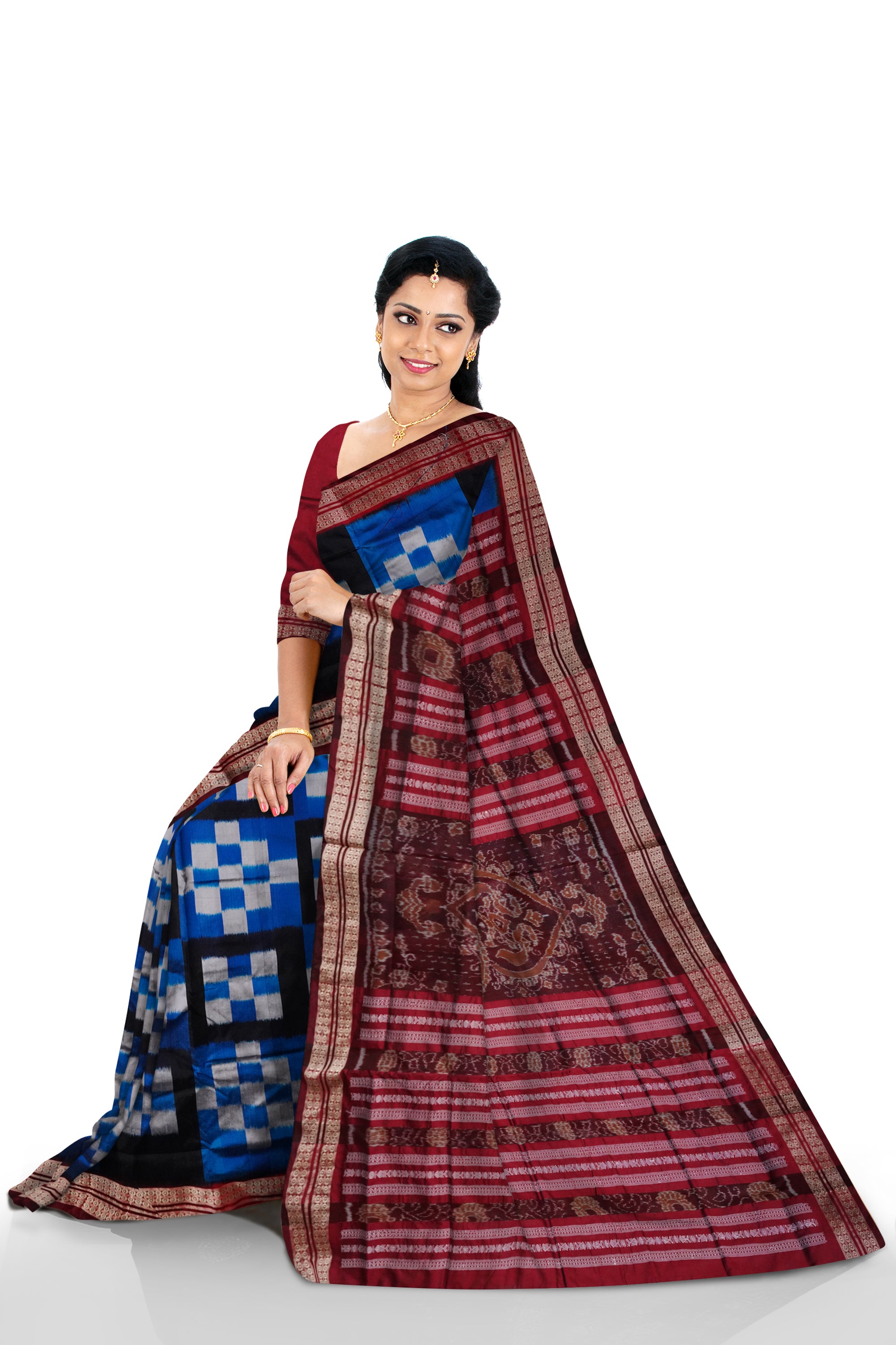 Sky blue, Black & Maroon color pasapali 5 kuthi pasapali pata saree. - Koshali Arts & Crafts Enterprise