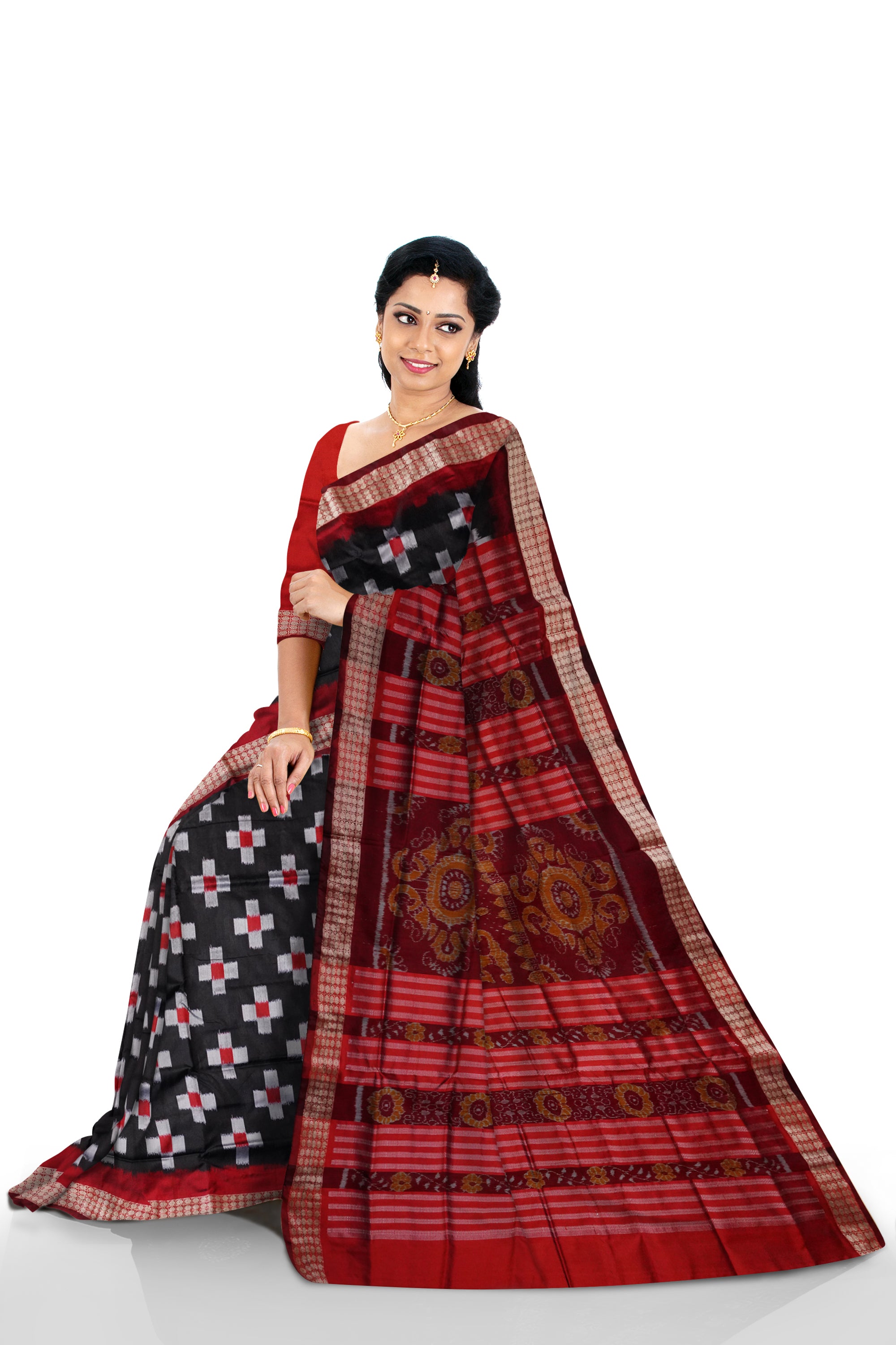 Black and Maroon color tara pattern pata saree. - Koshali Arts & Crafts Enterprise